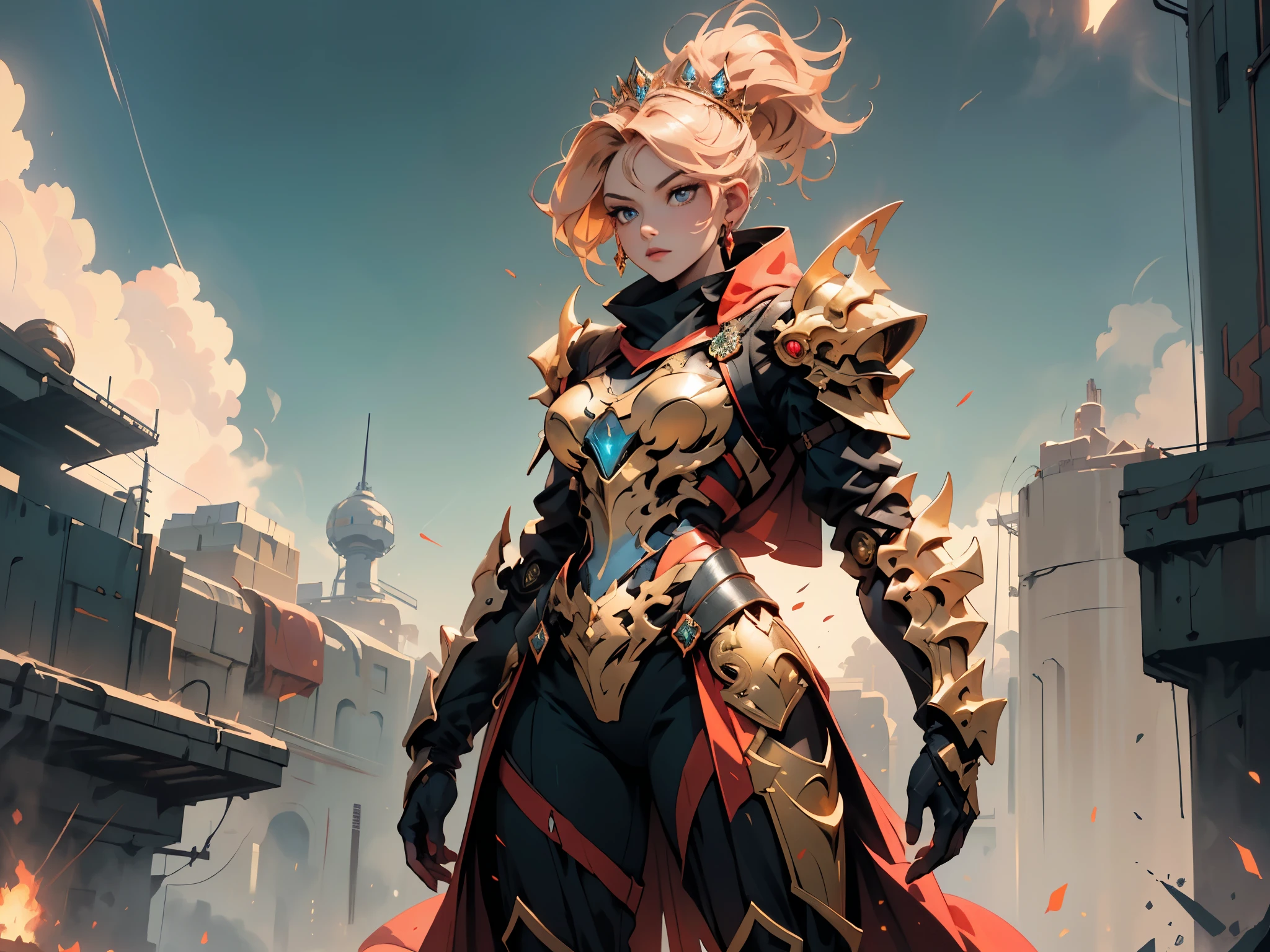 A woman adorned in fantasy-style full-body armor, a crown-concept fully enclosed helmet that unveils only her eyes, a composite layered chest plate, fully encompassing shoulder and hand guards, a lightweight waist armor, form-fitting shin guards, the overall design is heavy-duty yet flexible, ((the armor gleams with a golden glow, complemented by red and blue accents)), exhibiting a noble aura, she floats above a fantasy-surreal high-tech city, this character embodies a finely crafted fantasy-surreal style armored hero in anime style, exquisite and mature manga art style, (mixture of Queen bee and Spider concept Armor, plasma, blood), ((Element, energy, elegant, goddess, femminine:1.5)), metallic, high definition, best quality, highres, ultra-detailed, ultra-fine painting, extremely delicate, professional, anatomically correct, symmetrical face, extremely detailed eyes and face, high quality eyes, creativity, RAW photo, UHD, 32k, Natural light, cinematic lighting, masterpiece-anatomy-perfect, masterpiece:1.5