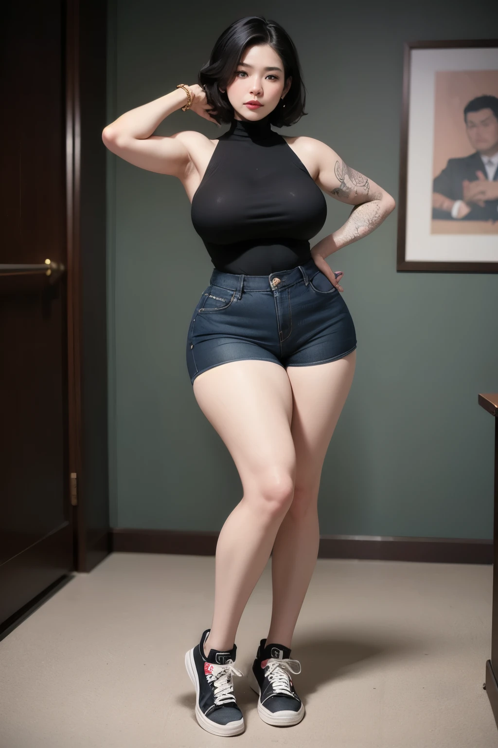 ((best quality)), ((masterpiece)), (detailed), perfect face, Beautiful, mother-in-law, asian-Indonesian , voluptuous, wearing random clothes (formal), In the black room, seductive expression, chubby body, nice body, milf chubby, chinese-Indonesian. Full body, big arm, wide hips , wearing a sneakers, bob hairstyle, baby face , chubby cheeks, 55 year old, chubby tall woman, tattooed thighs , yakuza tattoos , big thighs, big armpits , chubby massive cheeks , thick neck, cold atmosphere, low light, wavy short haired, big breasts, showing her armpits , thick woman , turtleneck, thick woman . Full body, wearing shorts pants, wearing , gold bracelet and watch , 