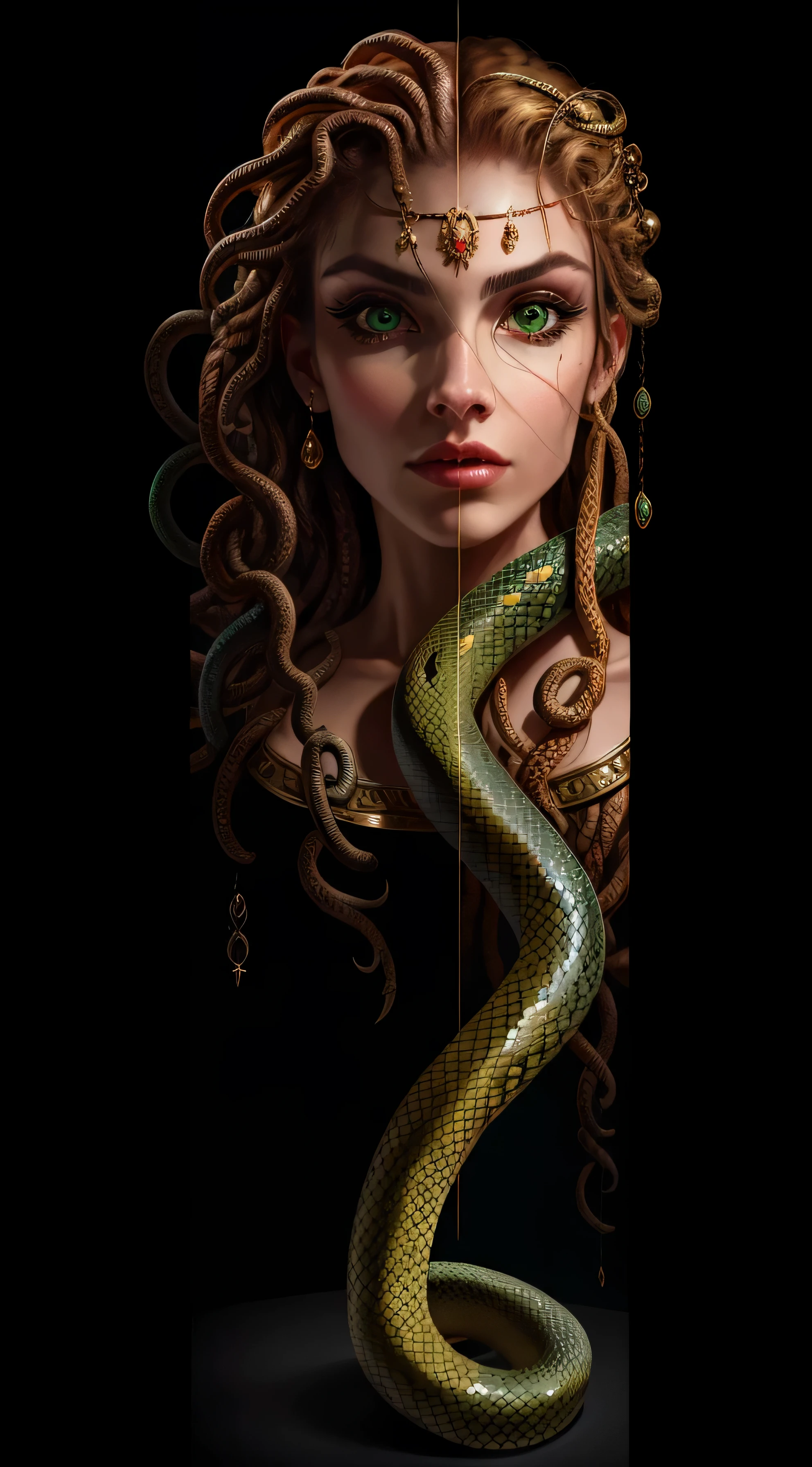 ((Best quality)), ((Masterpiece)), ((Realistic)), Medusa,full bodyesbian,The legs are wrapped around the tail of the snake, Green eyes,Female face, Carved top in metal, Kingly momentum,Trends on ArtStation, Clear focus, studio photo, Complicated details, The is very detailed, Detailed eyes, illustratio, The is very detailed, Clear focus, A digital rendering, professinal, 4K