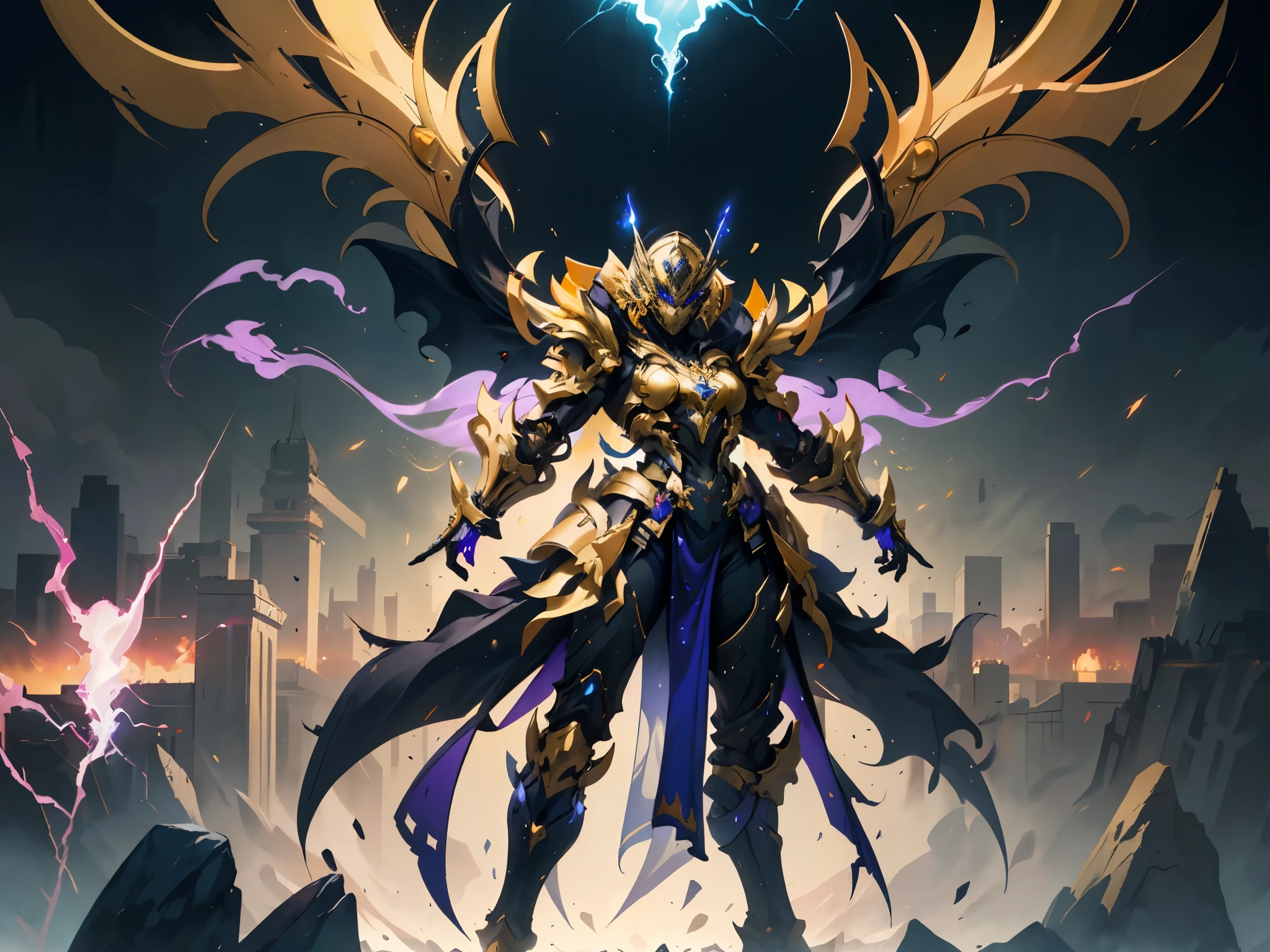 A woman adorned in fantasy-style full-body armor, a crown-concept fully enclosed helmet that unveils only her eyes, a composite layered chest plate, fully encompassing shoulder and hand guards, a lightweight waist armor, form-fitting shin guards, the overall design is heavy-duty yet flexible, ((the armor gleams with a golden glow, complemented by red and blue accents)), exhibiting a noble aura, she floats above a fantasy-surreal high-tech city, this character embodies a finely crafted fantasy-surreal style armored hero in anime style, exquisite and mature manga art style, (mixture of Queen bee and Spider concept Armor, plasma, blood), ((Element, energy, elegant, goddess, femminine:1.5)), metallic, high definition, best quality, highres, ultra-detailed, ultra-fine painting, extremely delicate, professional, anatomically correct, symmetrical face, extremely detailed eyes and face, high quality eyes, creativity, RAW photo, UHD, 32k, Natural light, cinematic lighting, masterpiece-anatomy-perfect, masterpiece:1.5