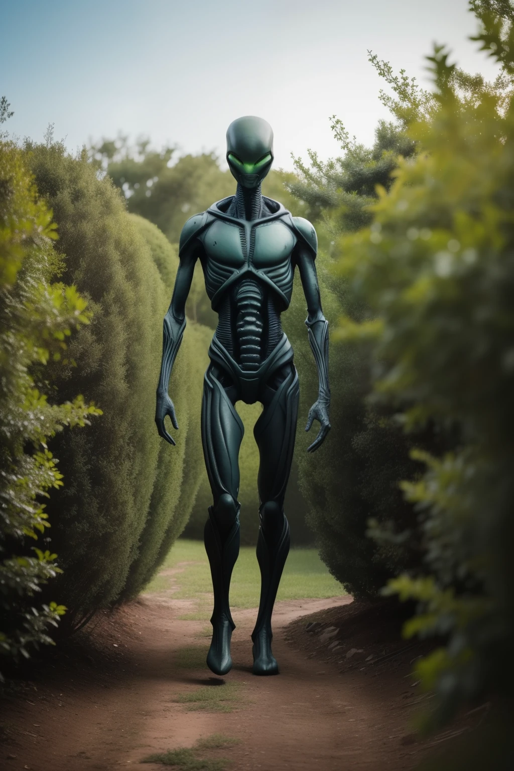 An alien figure with gray, repellent skin and black, beady eyes stands still in the bushes, its long, bony arm extended. The scene is cinematic and realistic, as if straight out of a sci-fi movie. This image, however, appears to be an amateur attempt, filmed from a distance with a cell phone camera. The fearful expression on the alien's face is barely discernible due to the low quality of the image. The bushes behind it blend into a murky green, lacking detail due to the oversaturated, inconsistent lighting. The depth of field is shallow, making the alien and the foreground bushes sharp, while the background is blurred and ind