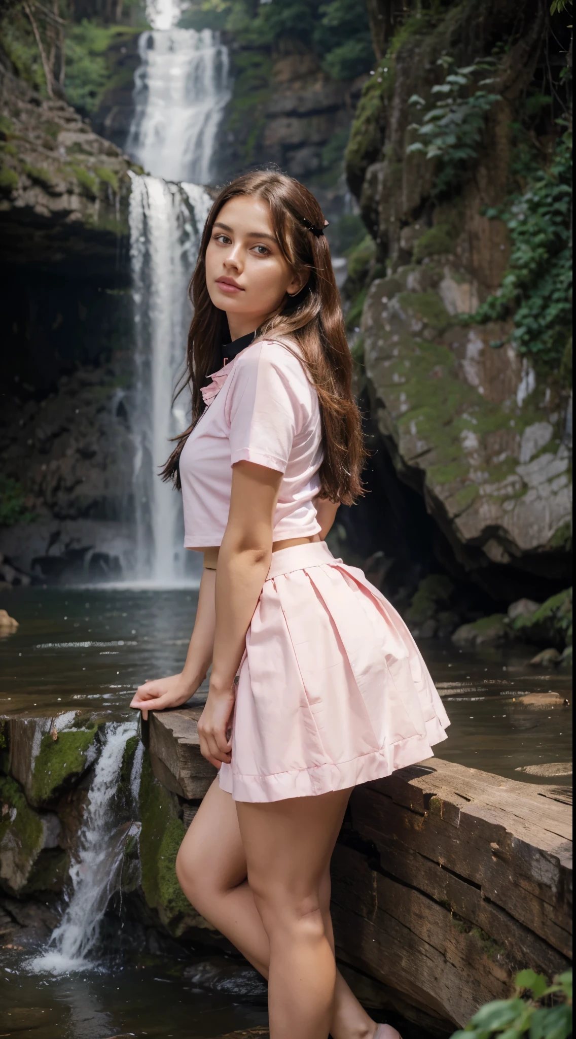 Beautiful wear light pink sailor skirt with black collar
On a wood with beautifull waterfall
Mysterious face
Beautiful face
Realistic