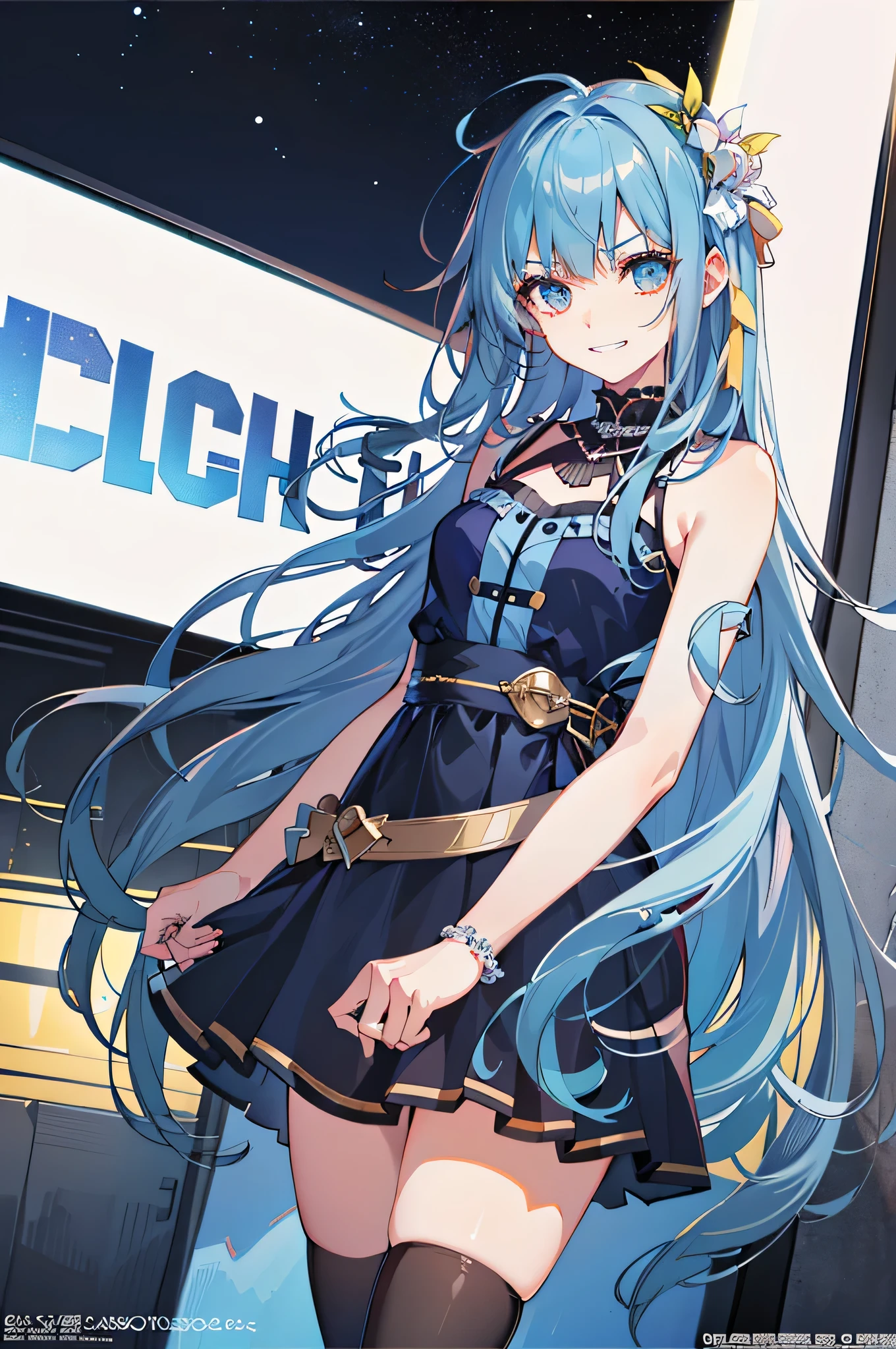 Make the girl the main character, She is in the center of the poster, Hoshino Ai, beautiful girl, ((liquid blue hair)), ((blue hair)), Summer brightness, exposed shoulders, lure, grin and laugh, fashion, Girly style, young anime girl, anime girl, pretty girl (fashion magazine cover:1.3), high waist skirt, skirt, black stockings, delicate Accessories, surreal girl, anime girl, real girl, (Lazy girl, looking at the audience, faint smile: 1.3), hair accessory, (stars in the eyes), front, fantasy, Mid-End and Long-End, (colorful) (highest quality: 1.2), master works, (high accuracy: 1.1), 8K resolution, (be familiar with), delicate, white background, , noise reduction, Complex Details, Ultra be familiar with, Very be familiar with, Complex, small details, CG, freshness, official art,((blue hair)),blue hair,blue long hair,sacred costume,