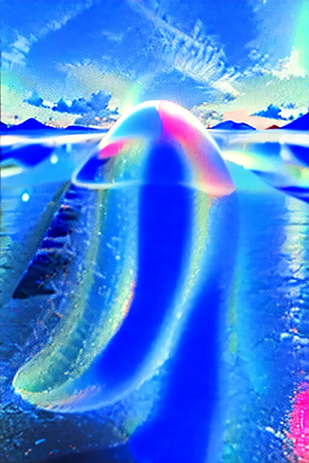 This image shows two colors on an abstract surface, Surreal 3D landscape style, sky blue and pink, surreal water, mountain view, Rendering in cinema4d, twisted and elongated forms, Light sky blue and light red--ar 16:9