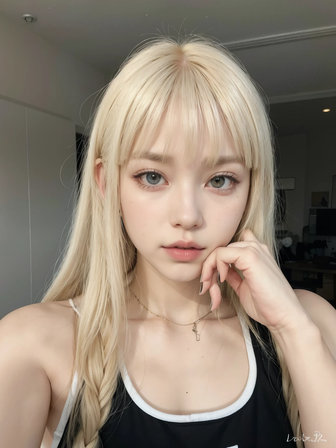 blond girl with long hair and piercings posing for a picture, white hime cut hairstyle, white bangs, long white hair and bangs, hair whitebangs hair, extremely pale blond hair, lalisa manobal, very very pale blond hair, with full bangs, with bangs, with white long hair, long hair with bangs, roseanne park of blackpink