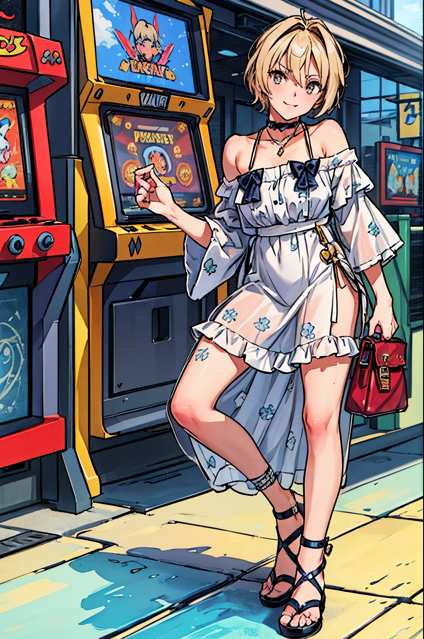 "best quality,ultra-detailed,((background:game-center1,8)),((game-arcade)),((playing the arcade game)),(one boy),(full body),portraits,((sissy boy,tomboy,FemBoy,trap)),bulge,(look side),(look side),(natural makeup),black choker,necklace,(short blonde hair),boy's face,((angly)),((smile+happy)),((maxi-length-dress)),(patterned dress),(high-heel-sandal),(he’s having shoulder bags),vibrant colors,soft lighting"