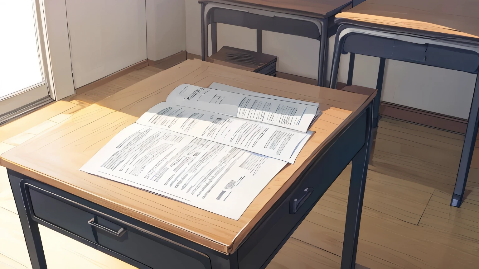 ((high quality)), ((anime style)), ((no human)), ((one desk)), school, student papers, quarter view
