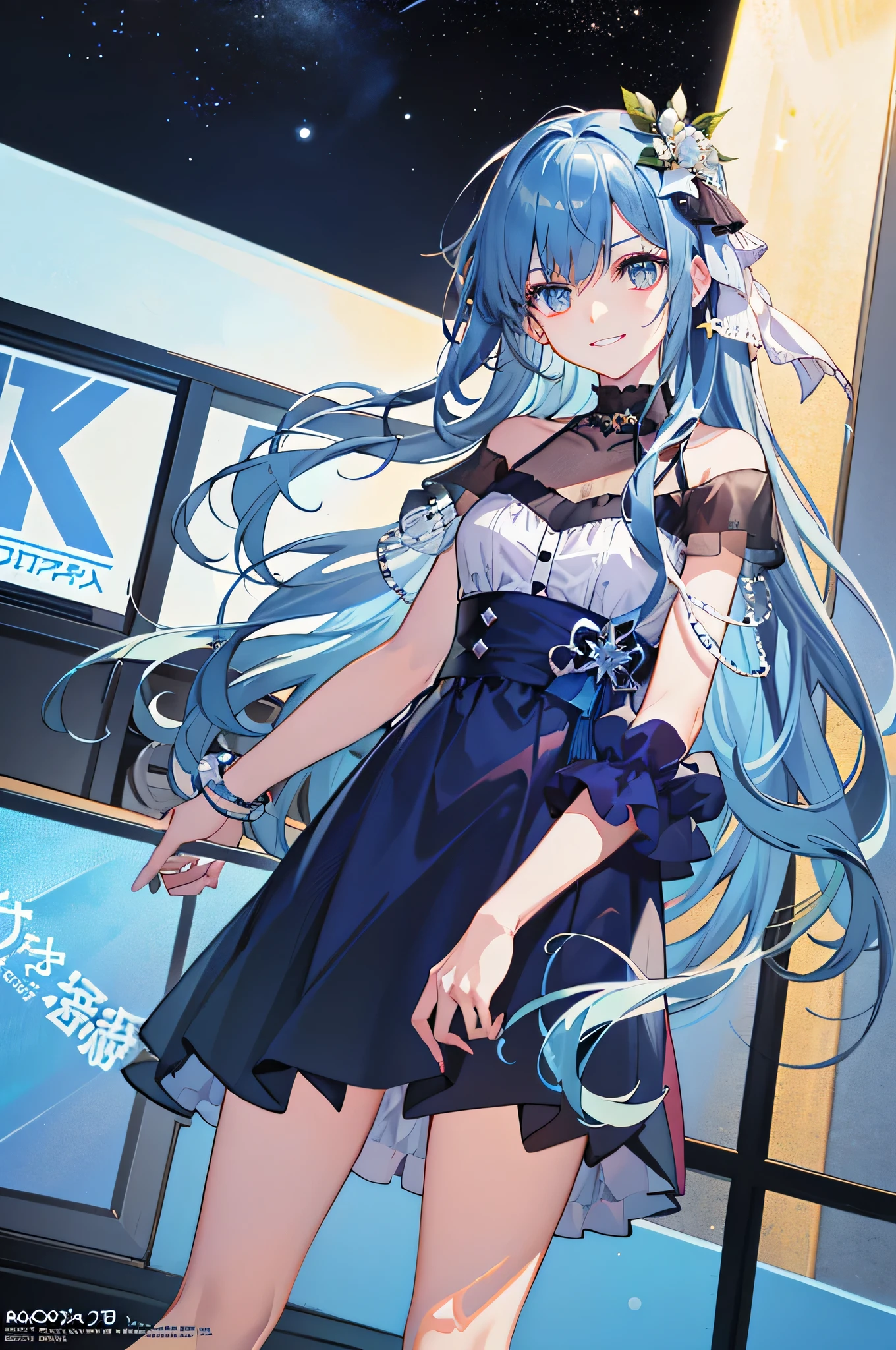 Make the girl the main character, She is in the center of the poster, Hoshino Ai, beautiful girl, ((liquid blue hair)), ((blue hair)), Summer brightness, exposed shoulders, lure, grin and laugh, fashion, Girly style, young anime girl, anime girl, pretty girl (fashion magazine cover:1.3), high waist skirt, skirt, black stockings, delicate Accessories, surreal girl, anime girl, real girl, (Lazy girl, looking at the audience, faint smile: 1.3), hair accessory, (stars in the eyes), front, fantasy, Mid-End and Long-End, (colorful) (highest quality: 1.2), master works, (high accuracy: 1.1), 8K resolution, (be familiar with), delicate, white background, , noise reduction, Complex Details, Ultra be familiar with, Very be familiar with, Complex, small details, CG, freshness, official art,((blue hair)),blue hair,blue long hair,sacred costume,