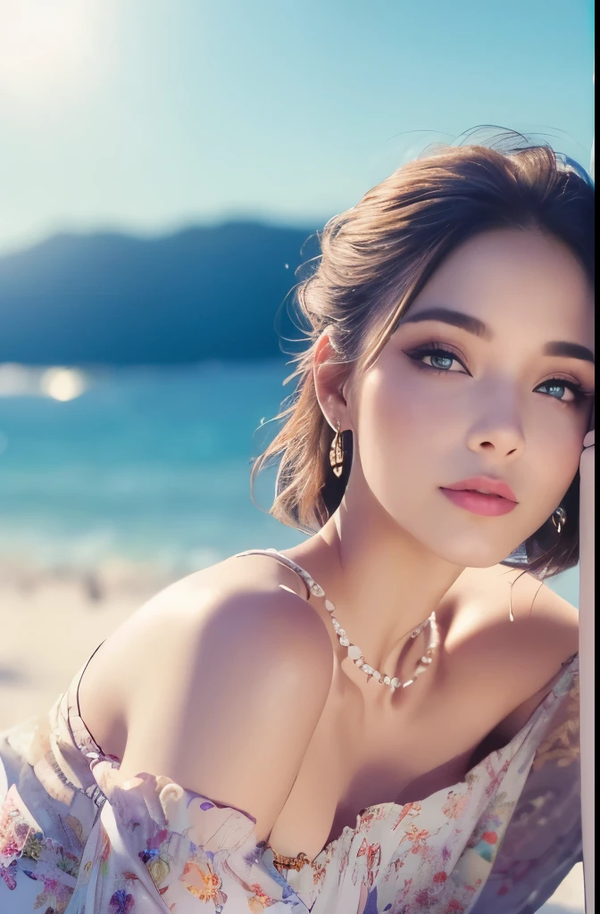 midden, (sharp focus:1.2), portrait, Attractive young woman, (beexistiful face:1.1), delicate eyes, sweet lips, (eye makeup:1.2), (close body:1.2), wear (floral dress:1.2) exist (beach:1.2). (morning sun:1.2), depth of field, Bokeh, 4k, high dynamic range. go through (James C. Christensen:1.2|Jeremy Lipkin:1.1). violet eyes.