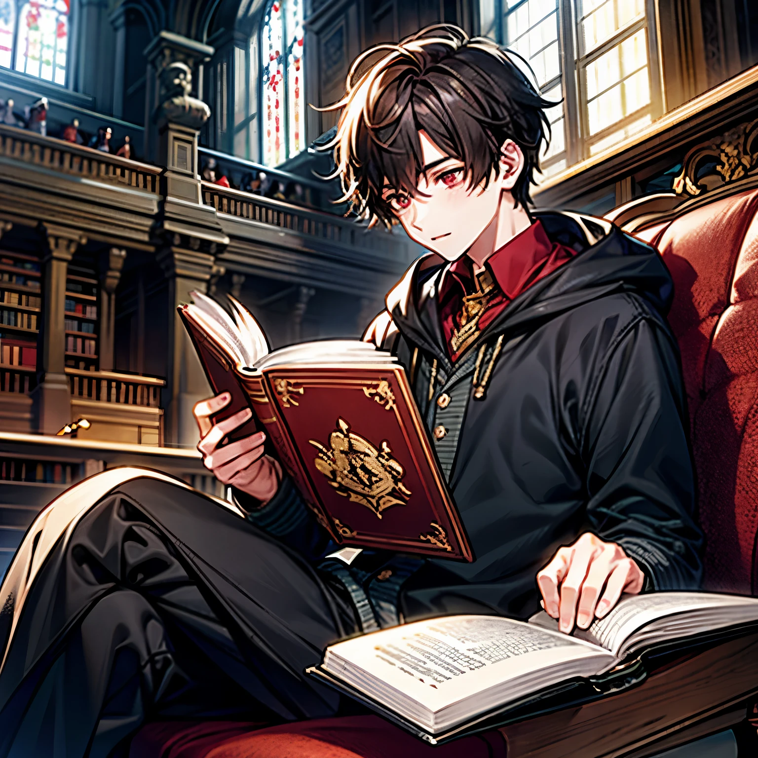 a boy woth dark hair and red eyes, sitting while reading some book at hogwarts library