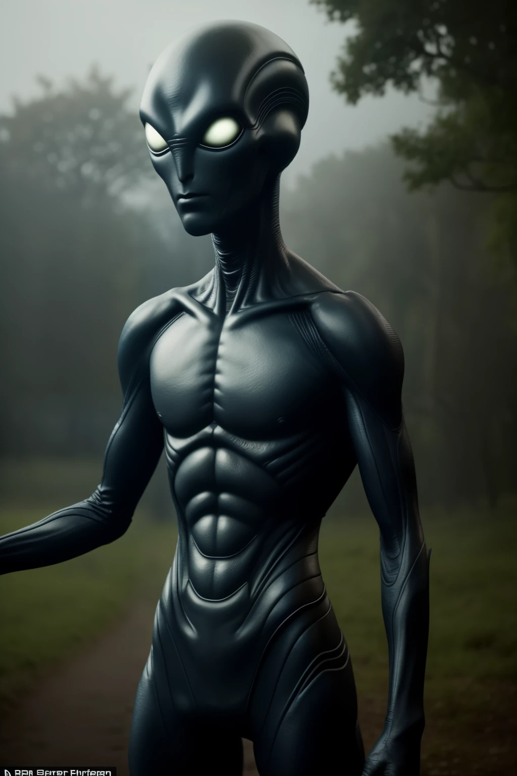 An alien figure with gray skin and black eyes stands still in the bushes, its long, skinny arm extended. The scene is cinematic yet uncannily realistic, filmed from a distance with an amateur cell phone camera. The image evokes a sense of fear and unease, with the lack of detail and inconsistent lighting adding to the spooky atmosphere. The depth of field is blurred, and the grainy, low resolution image is oversaturated, creating an unsettling effect. In contrast, the highly detailed and ultra realistic texture of the alien's skin and features stands out sharply, making the image all the more unnerving. (8k, highly detailed, ultra realistic, blurred