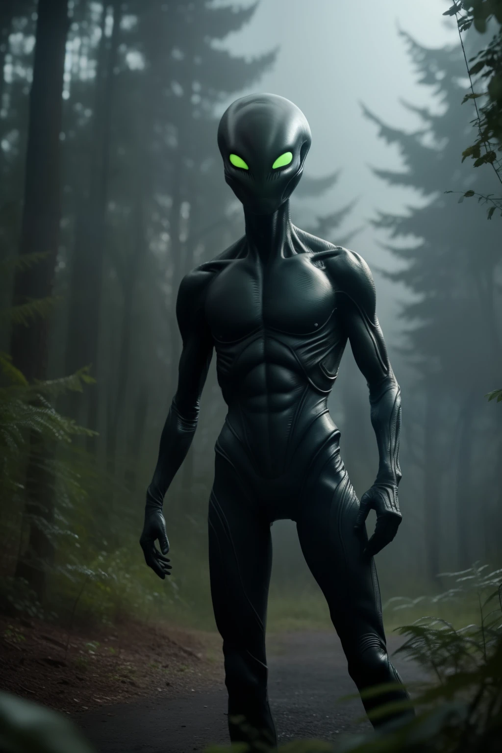 An alien figure with gray skin and black eyes stands still in the bushes, its long, skinny arm extended. The scene is cinematic yet uncannily realistic, filmed from a distance with an amateur cell phone camera. The image evokes a sense of fear and unease, with the lack of detail and inconsistent lighting adding to the spooky atmosphere. The depth of field is blurred, and the grainy, low resolution image is oversaturated, creating an unsettling effect. In contrast, the highly detailed and ultra realistic texture of the alien's skin and features stands out sharply, making the image all the more unnerving. (8k, highly detailed, ultra realistic, blurred