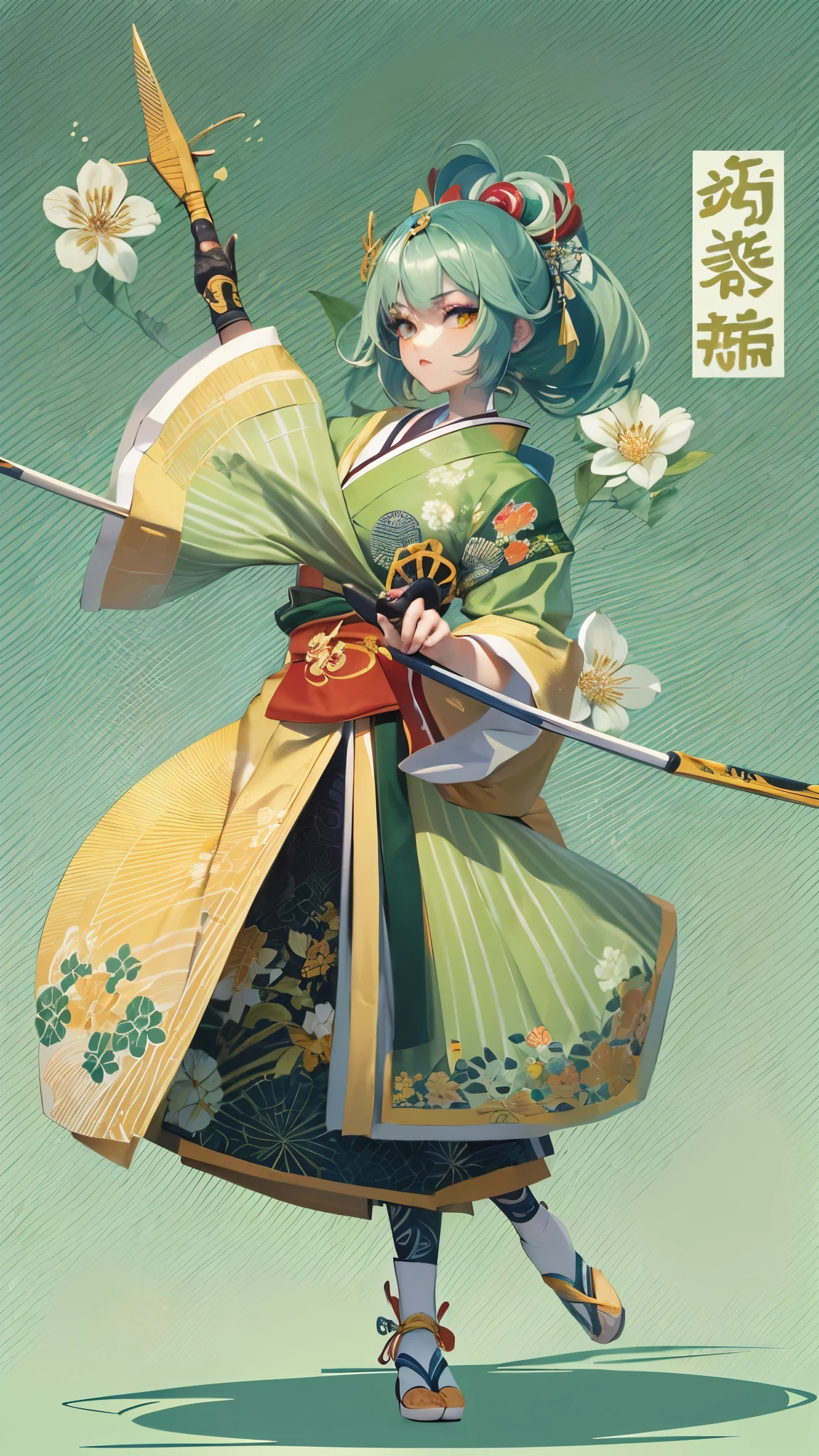 low-angela, ((dance style)) (hand holding long spear gripping in hands) ((swing naginata)l (solo:1.3 Kabuki dancer, green hair long kabuki hair, cute girl, 14 yi, cute yellow eyes), ((kabuki:1.2 makeup face)), (in a immensely kabuki uniform), ((kabuki dancing, high kicking)) (in the Hakataza Theater), break, perfect anatomy, masterpiece:1.2, best quality, 8k, beautiful detailed grow, daydreaming expression.