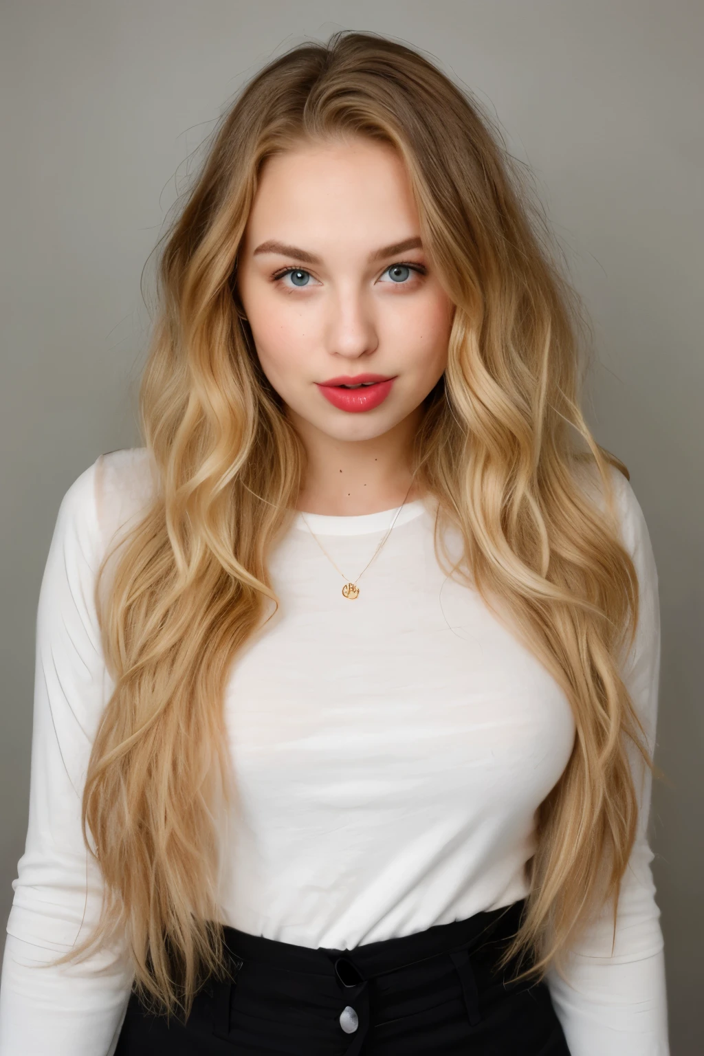 super cute blonde woman long curly hair big lip 20 years old