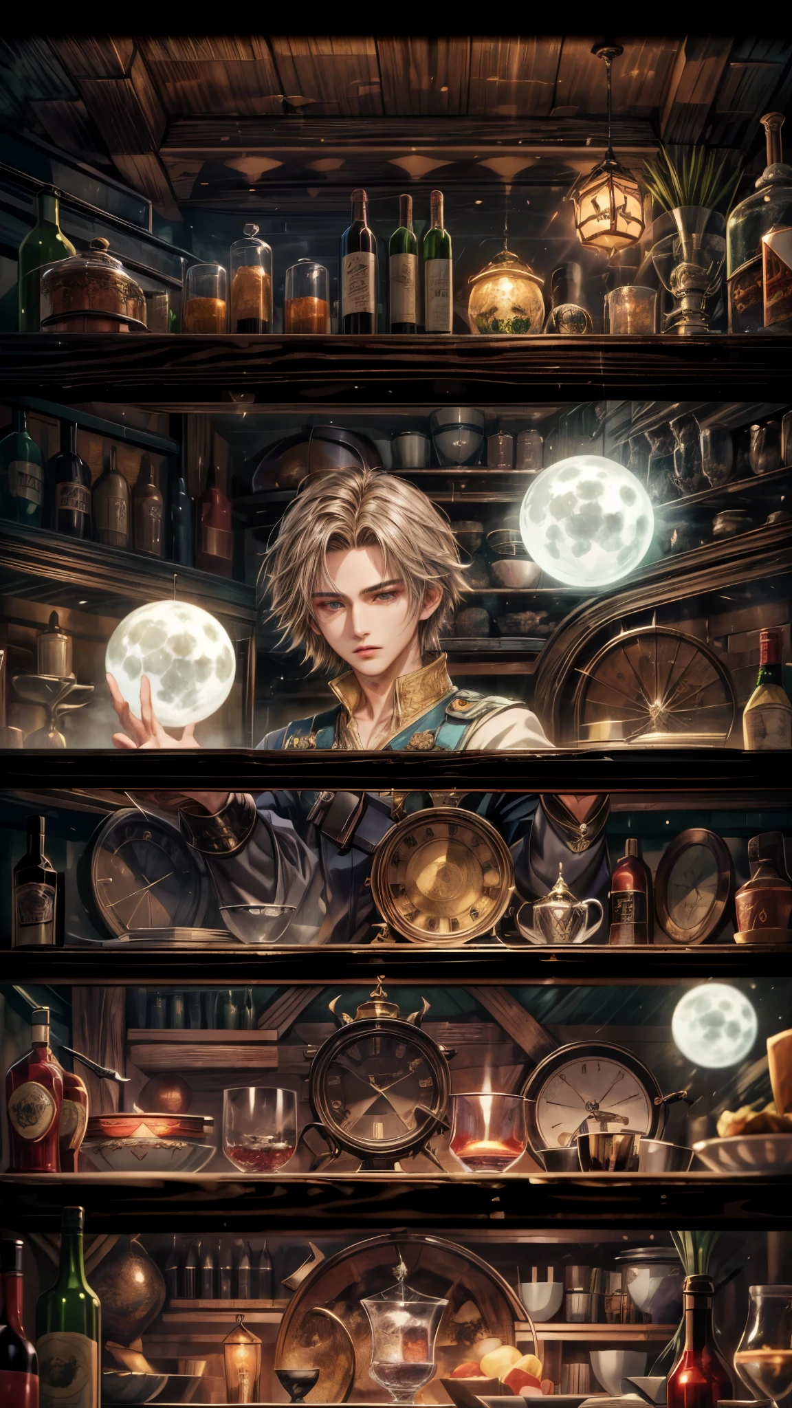 (absurdres, highres, ultra detailed, HDR), masterpiece, intricate, best quality, portrait of a handsome villain from Final Fantasy IX, peridot hair, short hair, korean face, anime eyes, mage outfit , wearing detailed circlet, detailed interiors of an rpg wand shop, night time showing big moon in the windows , detailed character