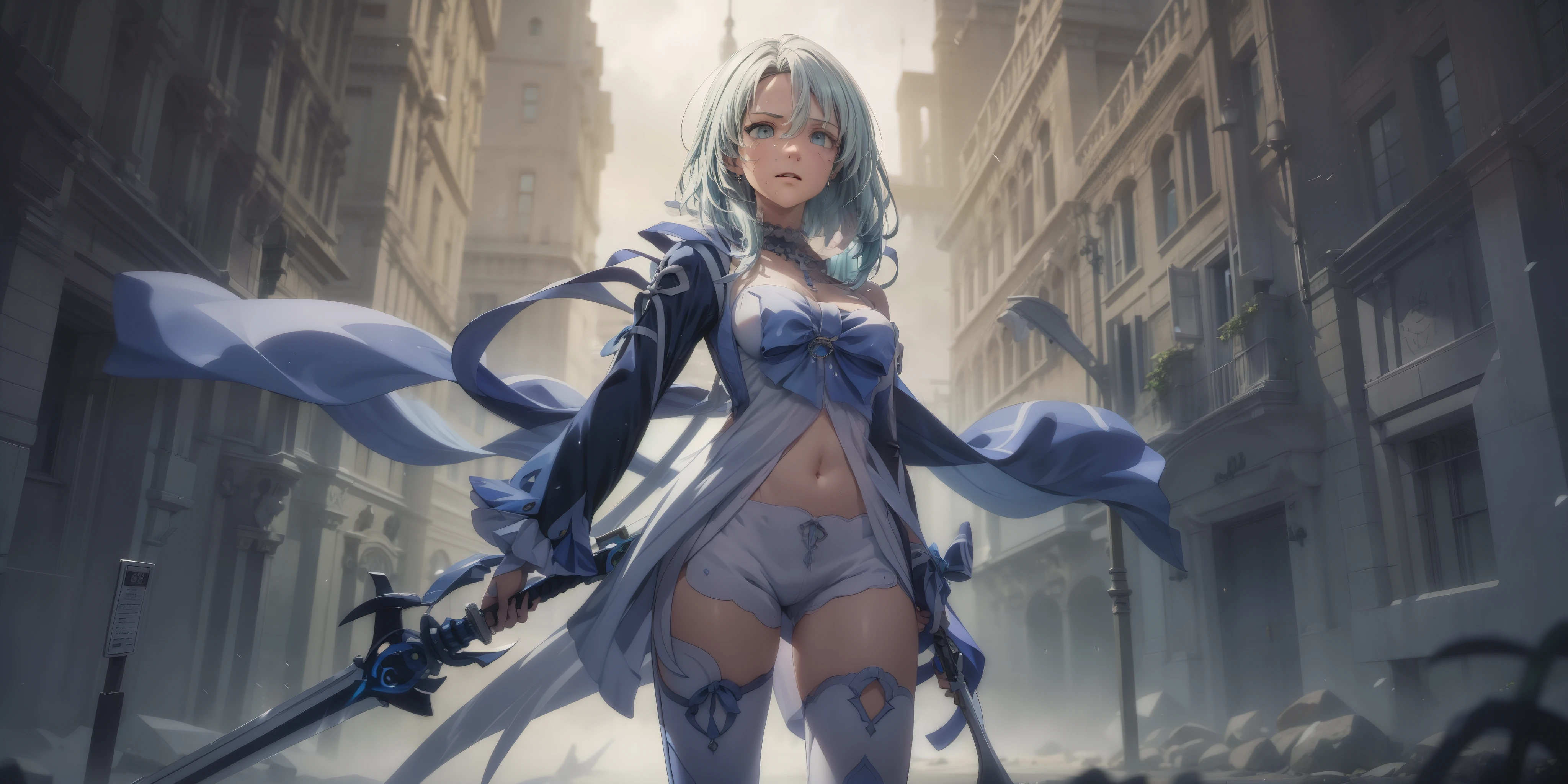 sentouinsnow, blue hair, long hair, blue eyes, large breasts, 1girl, holding, sword, solo, blue_eyes, holding_weapon, short_hair, holding_sword, outfit-kokomi, white shorts, white thighhighs, detached sleeves, frills, bow, navel, standing, dual_wielding, closed_mouth, glowing, bangs, gloves, earrings, looking_at_viewer, glowing_weapon, "glow effects, godrays, Hand drawn, render, 8k, octane render, cinema 4d, blender, dark, atmospheric 4k ultra detailed, cinematic, Sharp focus, big depth of field, Masterpiece, colors, 3d octane render, 4k, concept art, trending on artstation, hyperrealistic, Vivid colors, extremely detailed CG unity 8k wallpaper, trending on CGSociety, Intricate, High Detail, dramatic", anime coloring, anime screencap, sweating, steaming body, fog