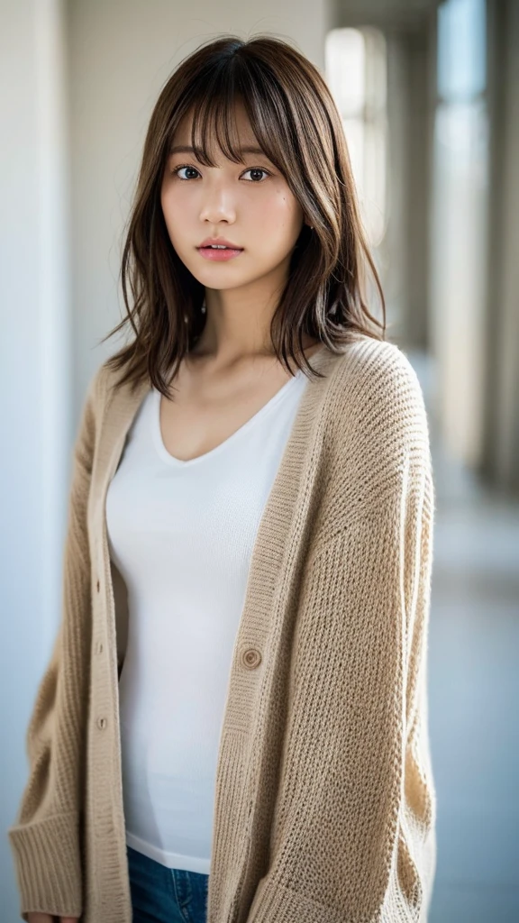 (top-quality、16K resolution)1 girl、solo、natural soft light、、A Japanese Lady、Looking at the camera、white long sleeve knit cardigan、Concrete background、Facing the front、is standing、bobhair、Woman in her late teens、Light bangs、short-hair、Salon model、Natural look、portlate、floated hair、Rolled hair