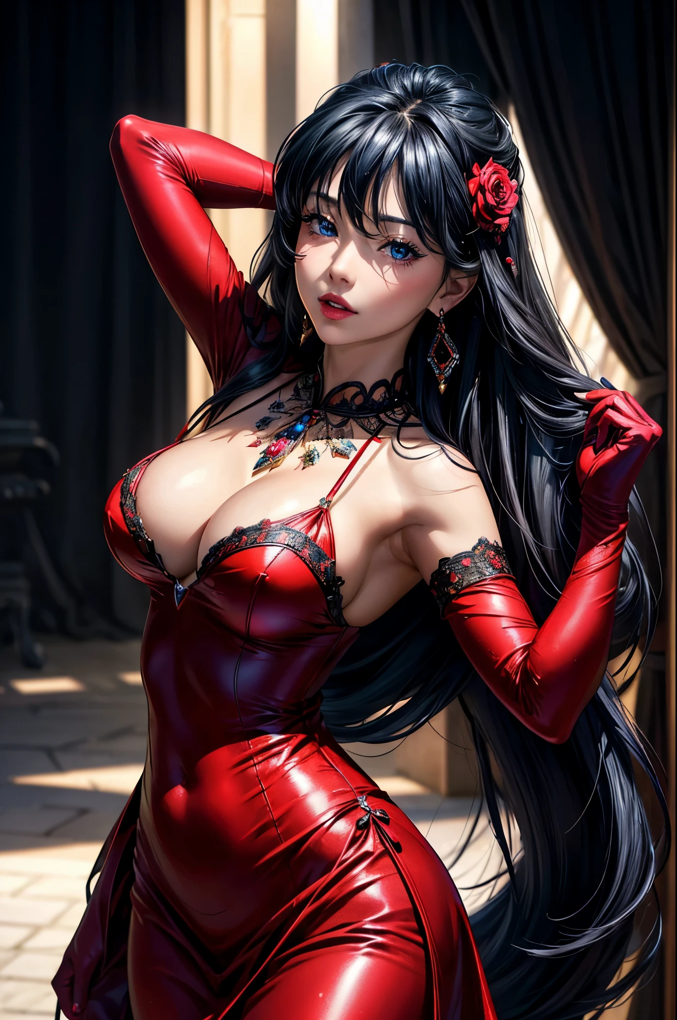 (best quality,4k,8k,highres,masterpiece:1.2), ultra-detailed, (realistic,photorealistic,photo-realistic:1.37), beautiful detailed eyes, detailed lips, long eyelashes, tsuruta ichiro, narrow eyes, 1 girl, all back、alone, Cowgirl, Red dress, ((medium chest)), (super long hair:1.2), long and narrow eyes、blue gray eyes, random colorの髪, gloves, dress, jewelry, Upper body, earrings, sharp eyes、red gloves, elbow glove, raise your hand, random color, random color dress, From the side, compensate, narrow eyes、Lipstick, intricate petal pattern, rim light, Backlight, pastel colour