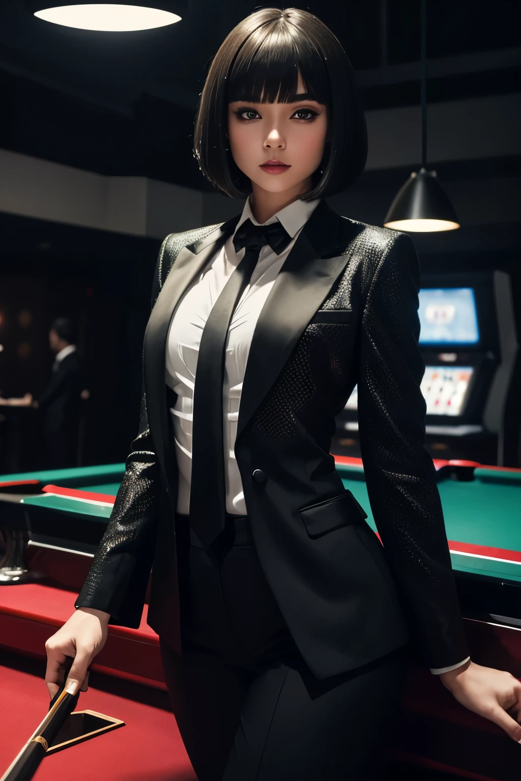 best quality, 32k, RAW photo, incredibly absurdres, extremely detailed, delicate texture, sexy beauty woman with bob cut and bangs, flashy makeup, black suit, white shirt, black long tie, movie scene, background casino, billiards