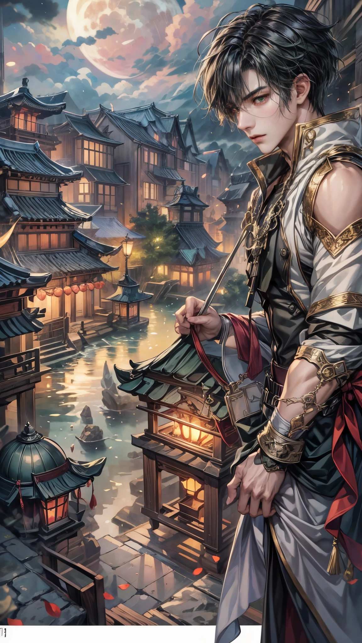 (absurdres, highres, ultra detailed, HDR), masterpiece, intricate details, best quality close-up picture of a character from fire emblem, a character with handsome looks, korean face, original hair, short hair, anime green eyes, smirking face, matured teen, tim Burton theme, topless outfit showing chest, crop top, detailed underworld town setting background, big moon scenery, detailed character, art kenouji