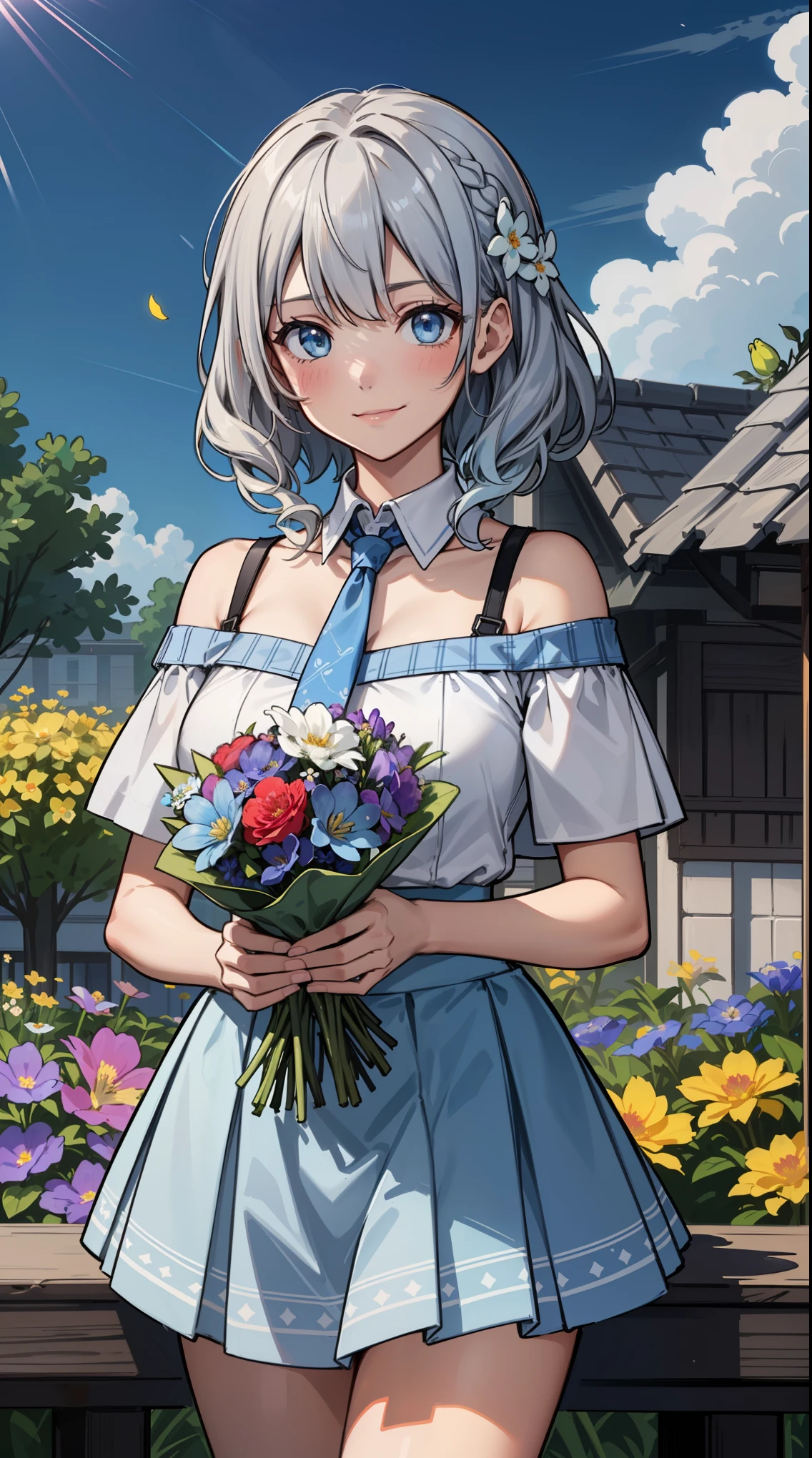 1 girl:1.2, cute, （smile:1.4,blush:0.6）,break（medium breasts:1.3), (outdoors), looking at the viewer, （Gradient silver Dutch braid）, （blue eyes),break（(flower garden, colorfulな花)）,（dazzling sunlight,blue sky,White cloud）, break（(white off shoulder shirt),（just the collar of a white shirt）,（thin light blue flower pattern tie)）, break（(flower pattern skirt）,（light blue micro skirt:1.5)）,break（Put the bag strap over your shoulder,light brown shoulder bag）, break（standing pose）,cowboy shot, americanism, fluid, particles of light, Light of the sun, Fine skin texture,  scattered below the surface,break (8k wallpaper,table top, highest qualityの, highest quality, beautiful and aesthetic:1.2), very detailed, (colorful), best details,break（holding a large bouquet of flowers）:1.5