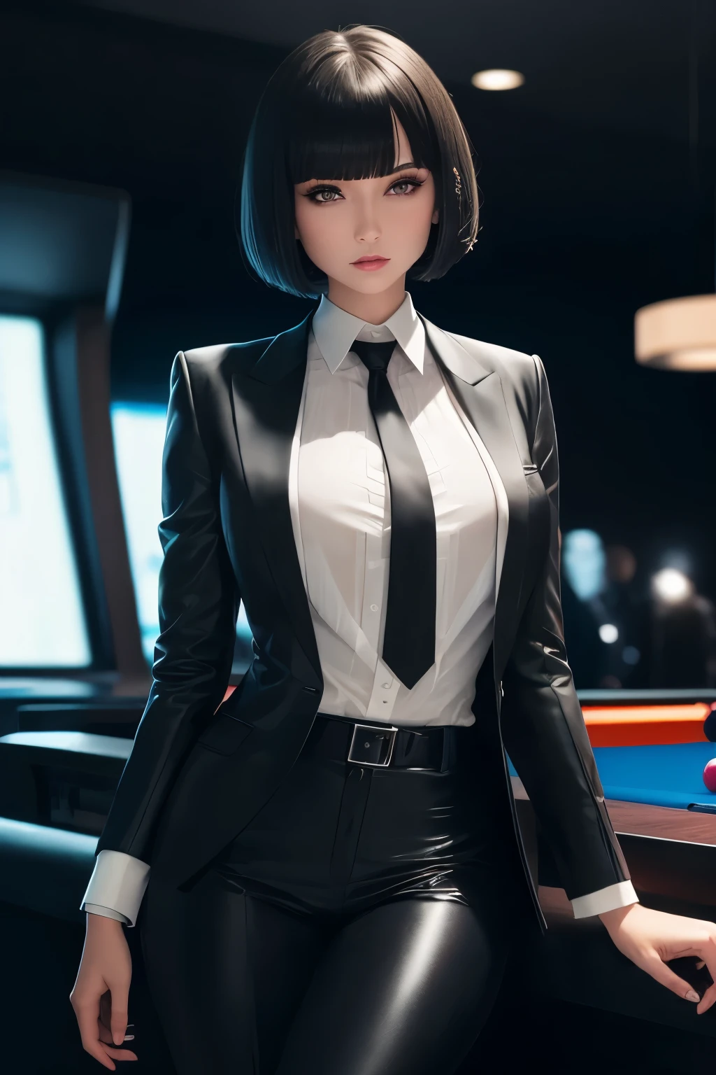 best quality, 32k, RAW photo, incredibly absurdres, extremely detailed, delicate texture, sexy beauty woman with bob cut and bangs, flashy makeup, black suit, white shirt, black long tie, movie scene, background casino, billiards