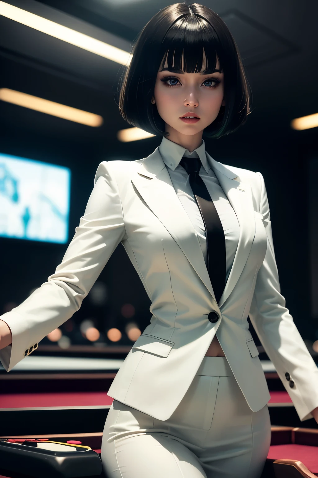 best quality, 32k, RAW photo, incredibly absurdres, extremely detailed, delicate texture, sexy beauty woman with bob cut and bangs, flashy makeup, black suit, white shirt, black long tie, movie scene, background casino, billiards