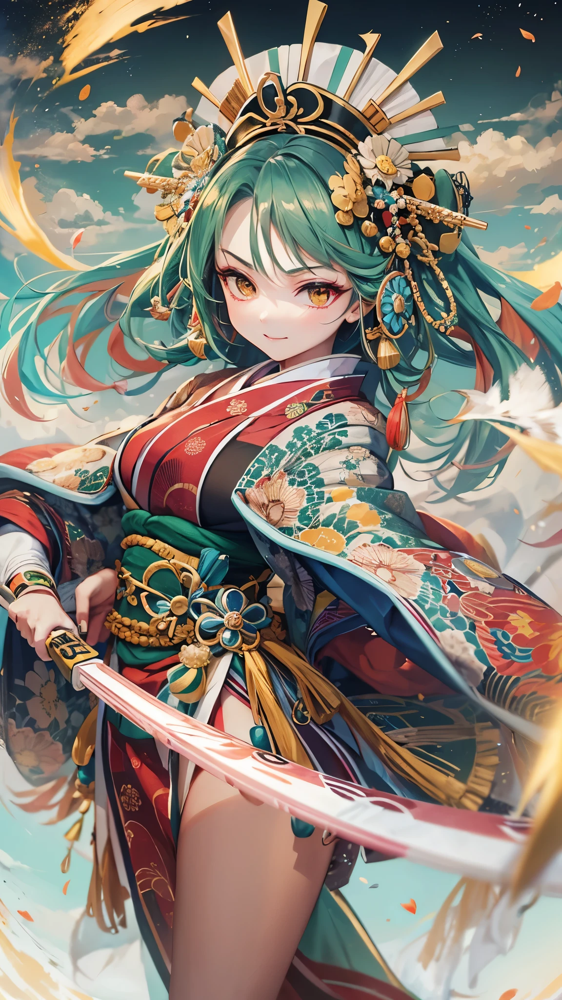 low-angela, ((dance style)) (hand holding long spear gripping in hands) (solo:1.3 Kabuki dancer, green hair long oiran hair, cute girl, 14 yi, cute yellow eyes), ((kabuki:1.2 makeup face)), (in a immensely kabuki uniform), ((kabuki dancing, high kicking)) (in the Hakataza Theater), break, perfect anatomy, masterpiece:1.2, best quality, 8k, beautiful detailed grow, daydreaming expression.