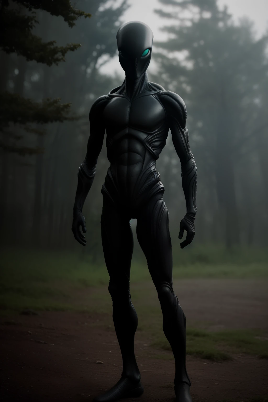 An alien figure with gray, slimy skin and black, beady eyes stands still among the bushes. The long, slender arm is outstretched, giving off an eerie feeling. The scene is captured cinematically from a distance, but the image appears amateurish due to the cell phone camera quality. The depth of field is shallow, making the alien figure stand out with the background blurred. The resolution is inconsistent, making the image look grainy and low-quality in some areas, while being oversaturated in others, lacking intricate details. The lighting is inconsistent, adding to the overall creepy and spooky atmosphere. Despite its imperfections, the close-up image manages to instill