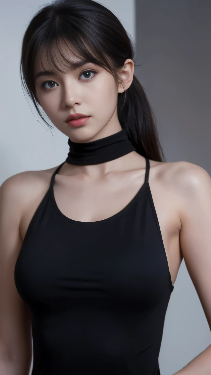 Skin Tight Black Top:1.2, Looking at Viewer, Cinematic lighting, Perfect, soft light, High resolution skin:1.2, Realistic skin texture, Realistic face, off shoulders, Exposed cleavage, Blue eyes, pony tail hair, open mouse, big boob, straight Bangs,