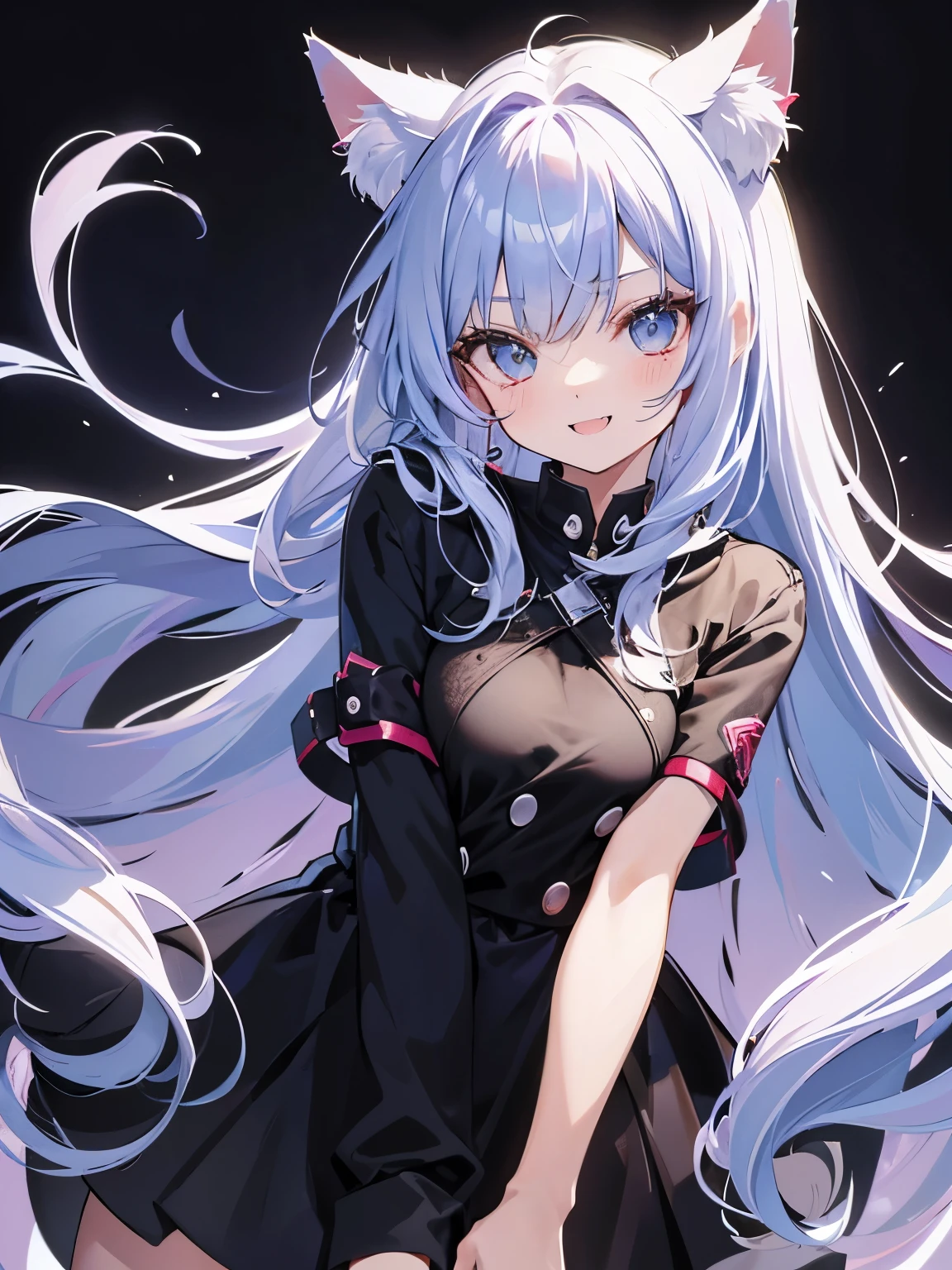Cat Girl、I'm going to eat it.？、raise one&#39;s fangs、Mouth with double teeth peeking out、long hair、messy hair、Hair on the face、smooth hair、partial mesh、Oversized clothes、Sleeve twisting、cool girl、cool smile、Handsome guy、Depth of the bounds written、Gah、bite your arm
