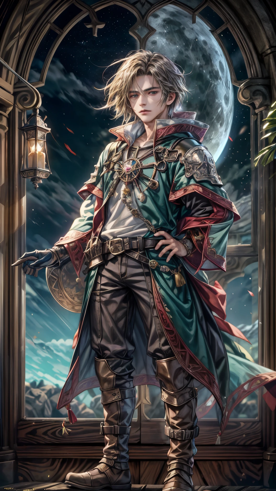 (absurdres, highres, ultra detailed, HDR), masterpiece, intricate, best quality, portrait of a handsome villain from Final Fantasy IX, peridot hair, short hair, korean face, anime eyes, mage outfit , wearing detailed circlet, detailed interiors of an rpg wand shop, night time showing big moon in the windows , detailed character