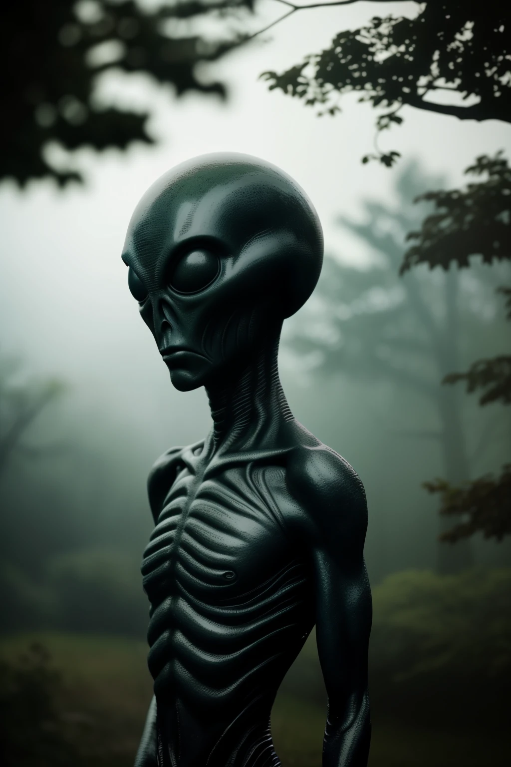 An alien figure with gray, slimy skin and black, beady eyes stands still among the bushes. The long, slender arm is outstretched, giving off an eerie feeling. The scene is captured cinematically from a distance, but the image appears amateurish due to the cell phone camera quality. The depth of field is shallow, making the alien figure stand out with the background blurred. The resolution is inconsistent, making the image look grainy and low-quality in some areas, while being oversaturated in others, lacking intricate details. The lighting is inconsistent, adding to the overall creepy and spooky atmosphere. Despite its imperfections, the close-up image manages to instill