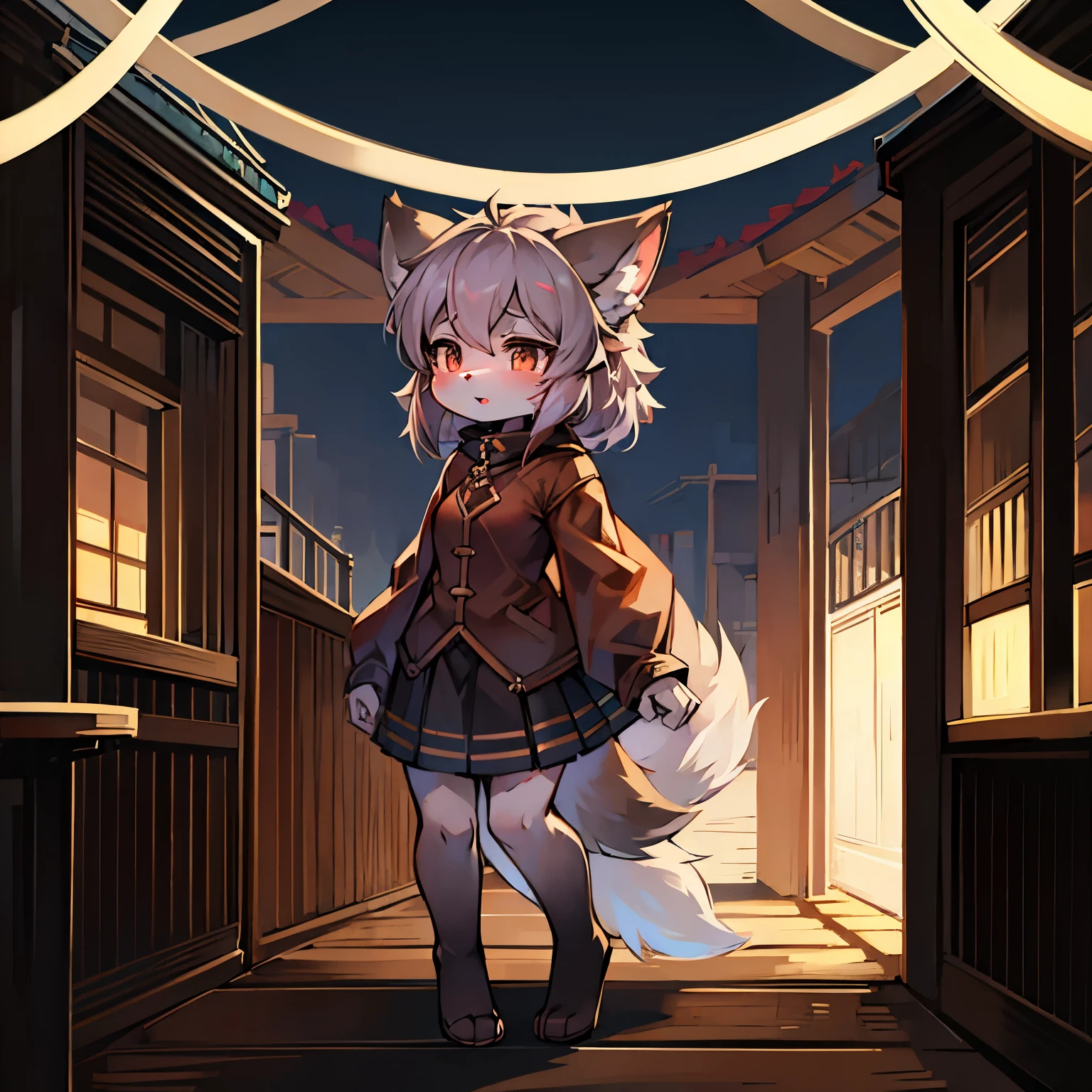 wolf girl，wolf ears，female focus，Furry women，Characteristics of a -year-girl，ry loli，long sleeves，short skirt，Standing posture