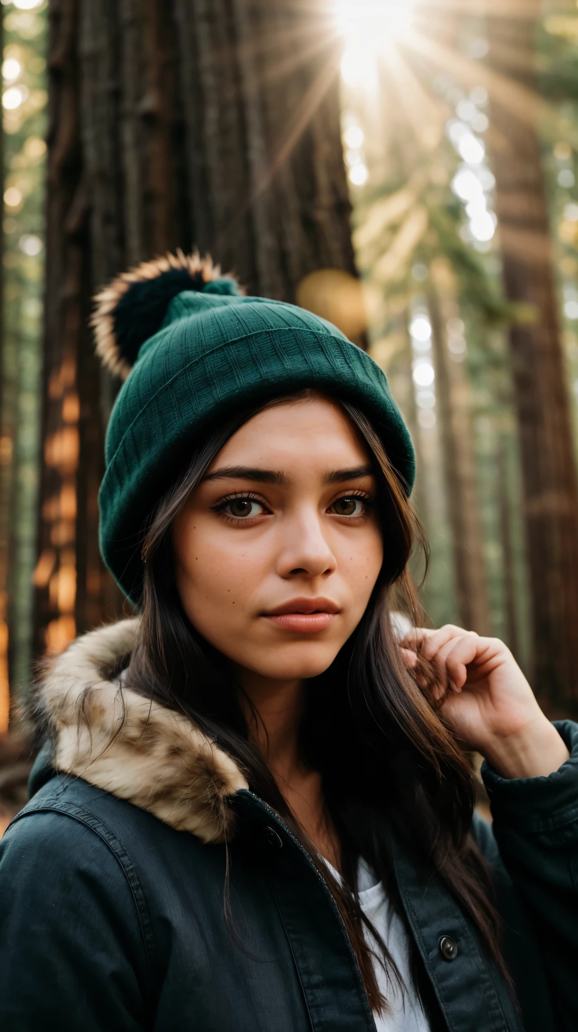photograph of a woman, (sympathetic facial expression), textured skin, goosebumps, jet black half-up half-down hair, faux fur-lined parka with skinny jeans and beanie, group profile, towering ancient redwood trees creating a sense of wonder and awe, perfect eyes, ((hard lighting:1.4)), Velvia 100 color, shot on Cinestill 800T, bokeh, sharp focus on subject, shot by Manuela Marques
