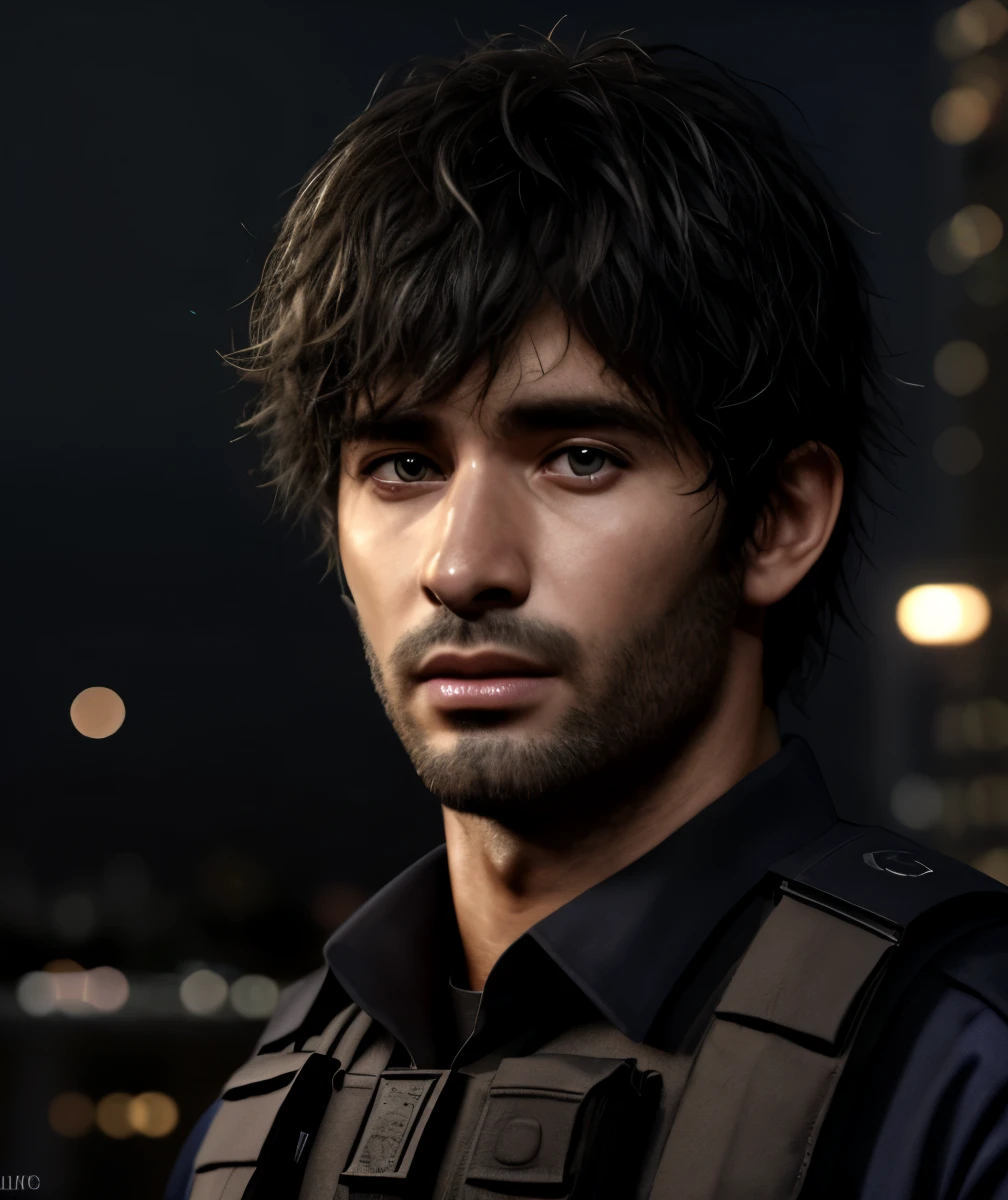 1male, masterpiece, 4k, ultra realistic, policeman, city night background, carlos oliveira, portrait, black shaggy hair 