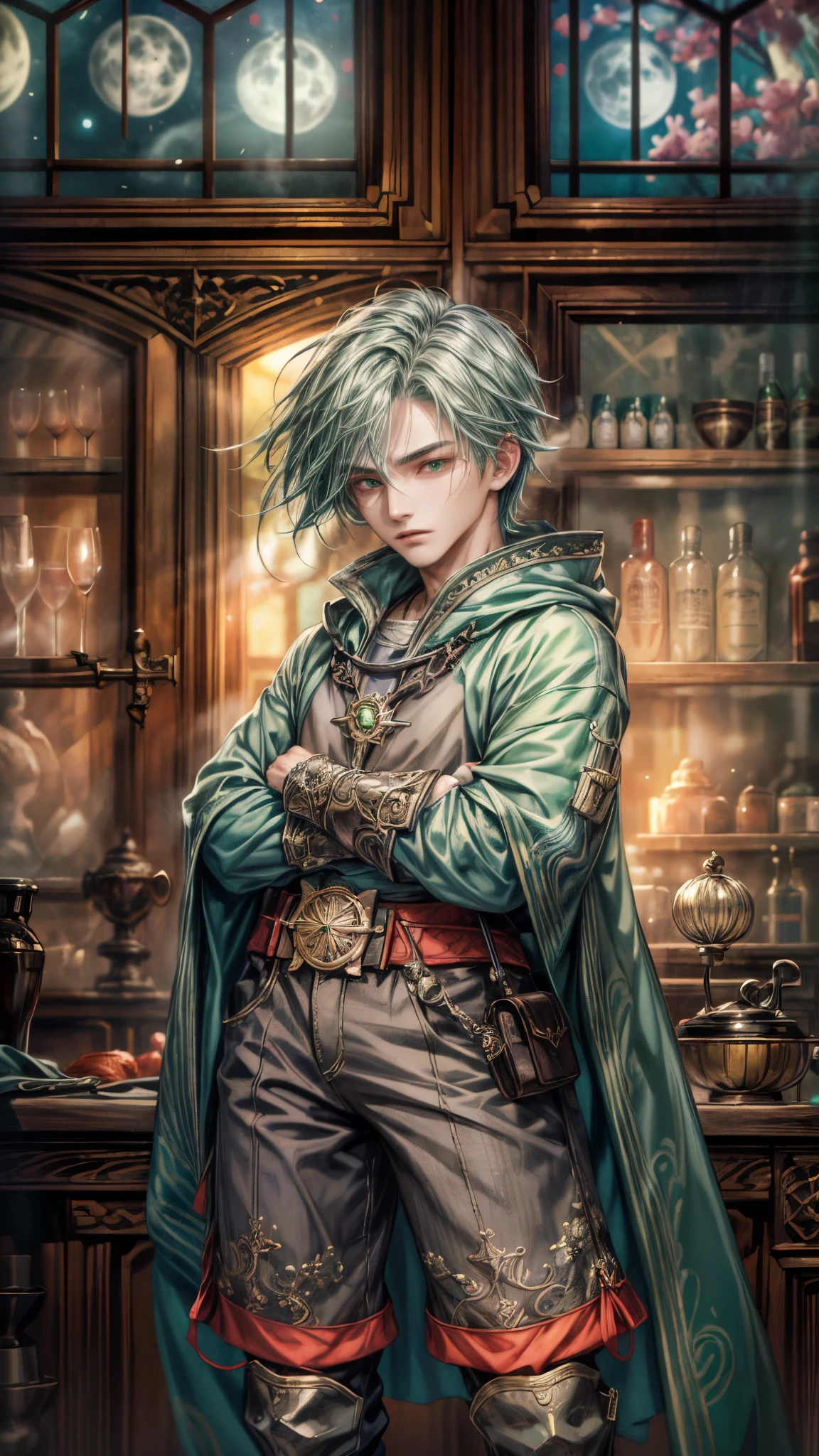 (absurdres, highres, ultra detailed, HDR), masterpiece, intricate, best quality, portrait of a handsome villain from Final Fantasy IX, green hair, short hair, korean face, anime eyes, mage outfit , wearing detailed circlet, detailed interiors of an rpg wand shop, night time showing big moon in the windows , detailed character