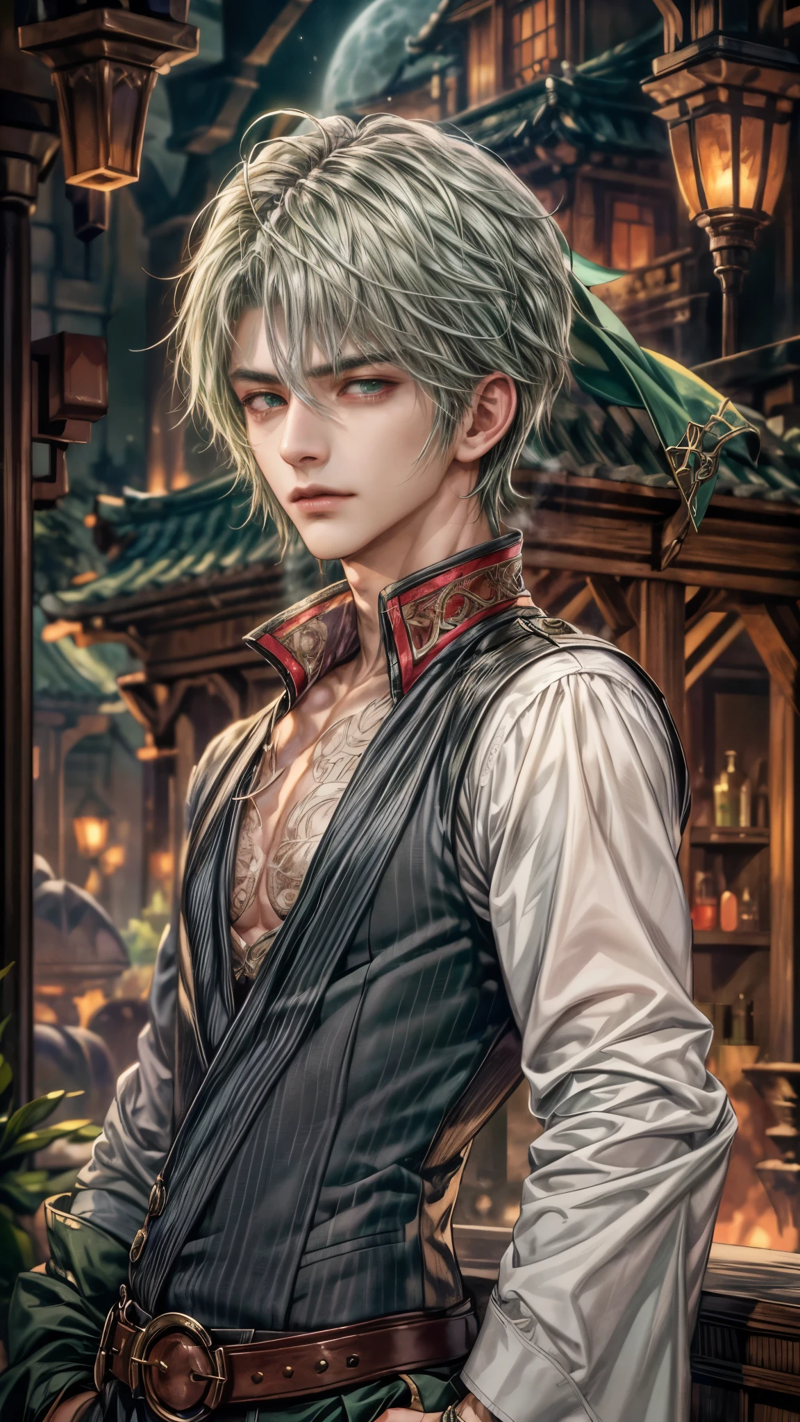 (absurdres, highres, ultra detailed, HDR), masterpiece, intricate, best quality, portrait of a handsome villain from Final Fantasy IX, green hair, short hair, korean face, anime eyes, mage outfit , wearing detailed circlet, detailed interiors of an rpg wand shop, night time showing big moon in the windows , detailed character