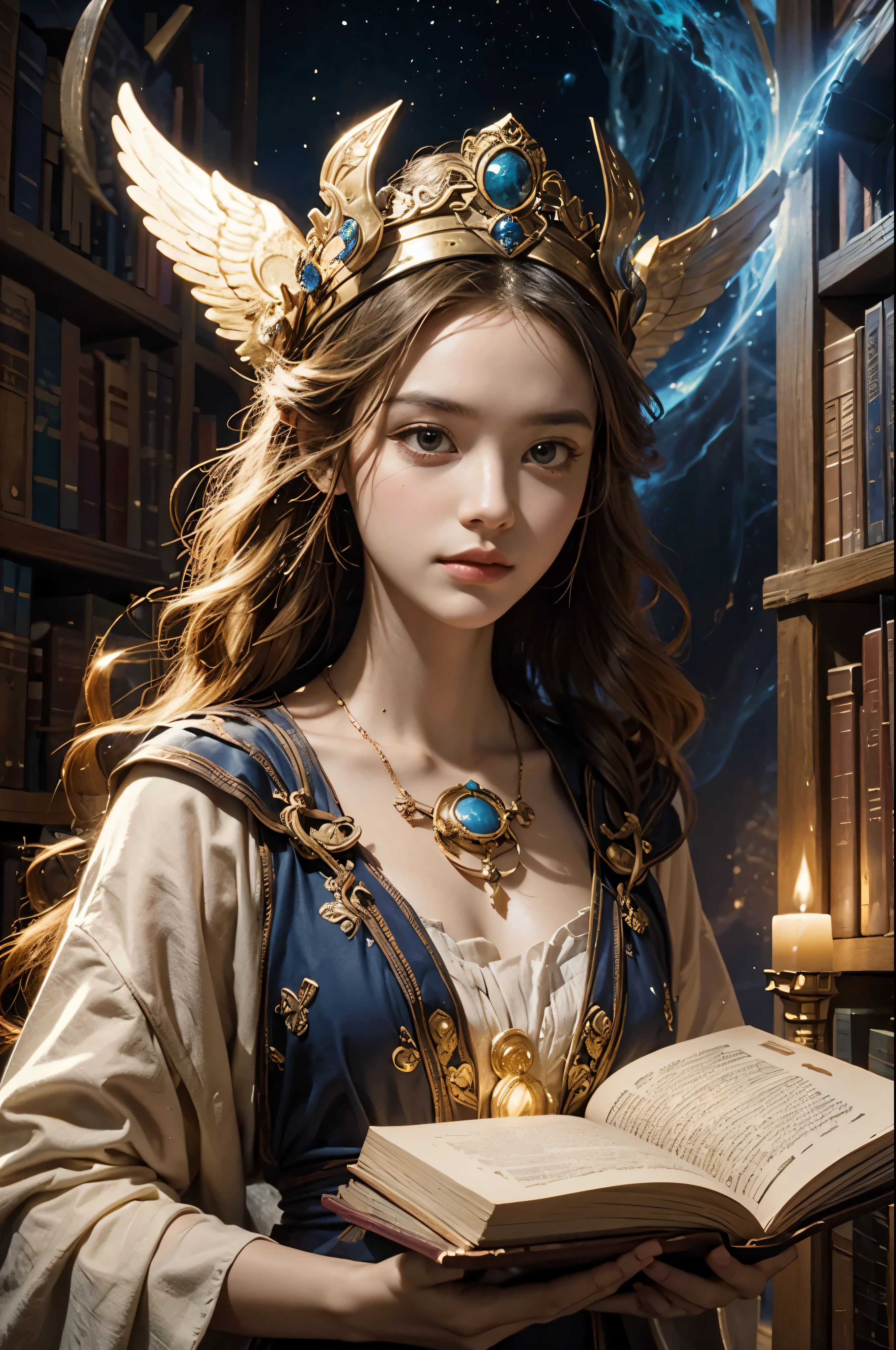 Dynamic potrait of a Enigmatic beautiful guardian of a mystical library that transcends time and space, with wise face and ancient tomes floating around her, safeguarding the knowledge of the ages and guiding seekers on spiritual journeys through the boundless realms of wisdom and enlightenment.