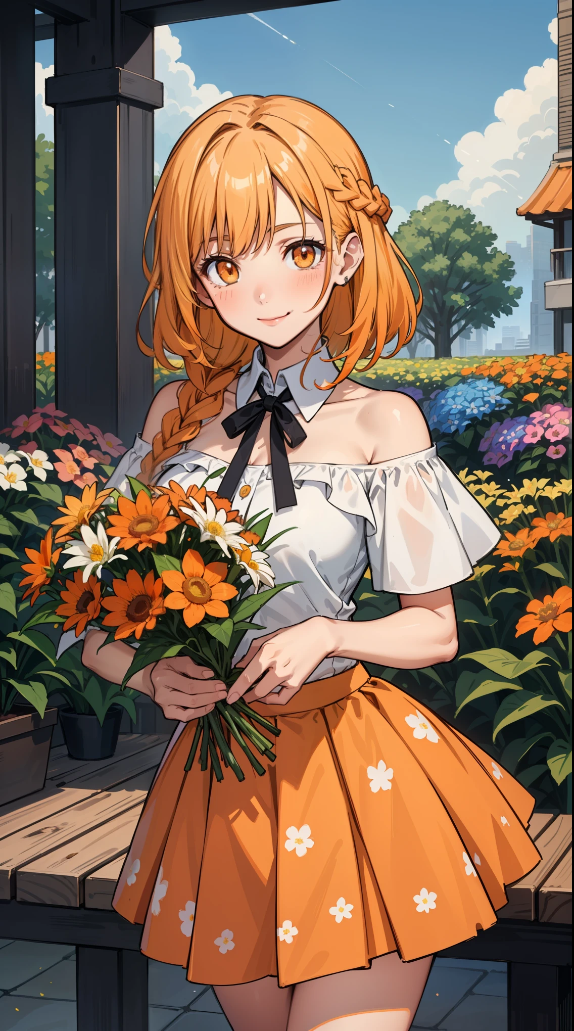 1 girl:1.2, cute, （smile:1.4,blush:0.6）,break（medium breasts:1.3), (outdoors), looking at the viewer, （gradient hair,blonde hair,Dutch braid）, （orange eyes),break（(flower garden, colorfulな花,No building)）,（dazzling sunlight,blue sky,White cloud）, break（(white off shoulder shirt),（just the collar of a white shirt）,（thin light orange flower pattern tie)）, break（(flower pattern skirt）,（light orange micro skirt:1.5)）,break（light brown shoulder bag）, break（standing pose）,cowboy shot, americanism, fluid, particles of light, Light of the sun, Fine skin texture,  scattered below the surface,break (8k wallpaper,table top, highest qualityの, highest quality, beautiful and aesthetic:1.2), very detailed, (colorful), best details,break（holding a large bouquet of flowers）:1.5 