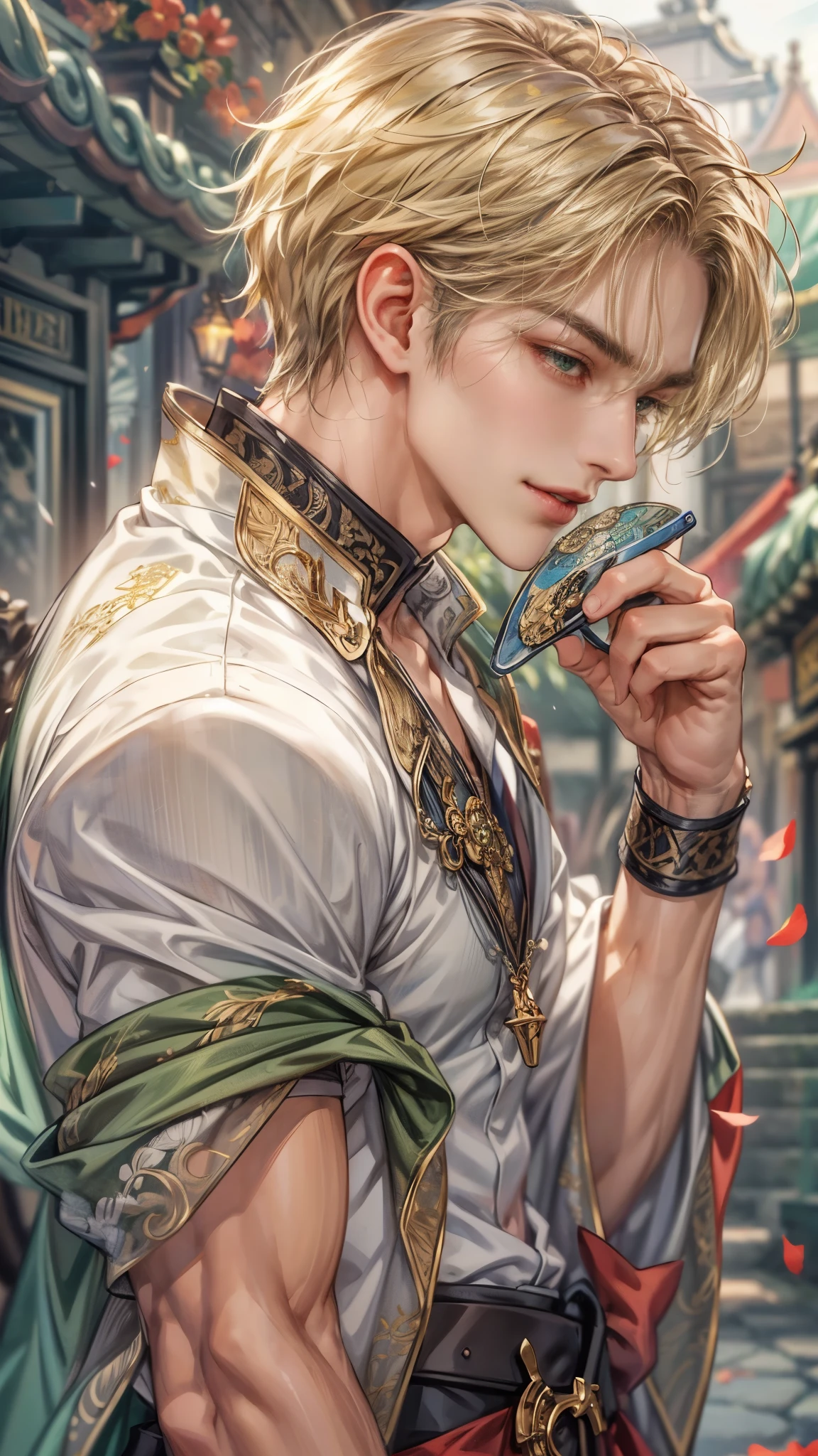 (absurdres, highres, ultra detailed, HDR), masterpiece, intricate details, best quality close-up picture of a character from fire emblem, a character with handsome looks, korean face, original blonde hair, short hair, anime green eyes, smirking face, matured , tim Burton theme, topless outfit showing chest, crop top, detailed underworld town setting background, big moon scenery, detailed character, art kenouji