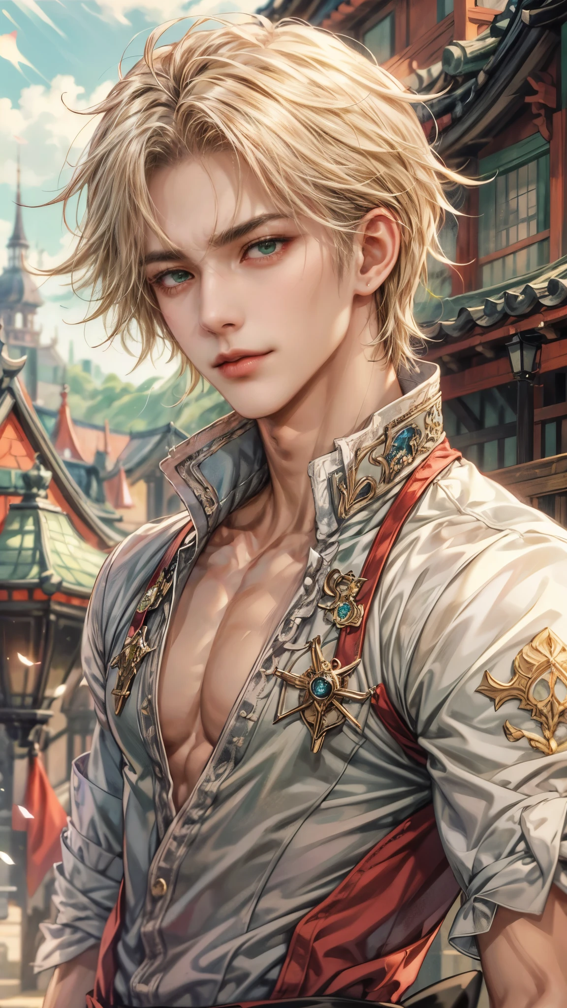 (absurdres, highres, ultra detailed, HDR), masterpiece, intricate details, best quality close-up picture of a character from fire emblem, a character with handsome looks, korean face, original blonde hair, short hair, anime green eyes, smirking face, matured teen, tim Burton theme, topless outfit showing chest, crop top, detailed underworld town setting background, big moon scenery, detailed character, art kenouji