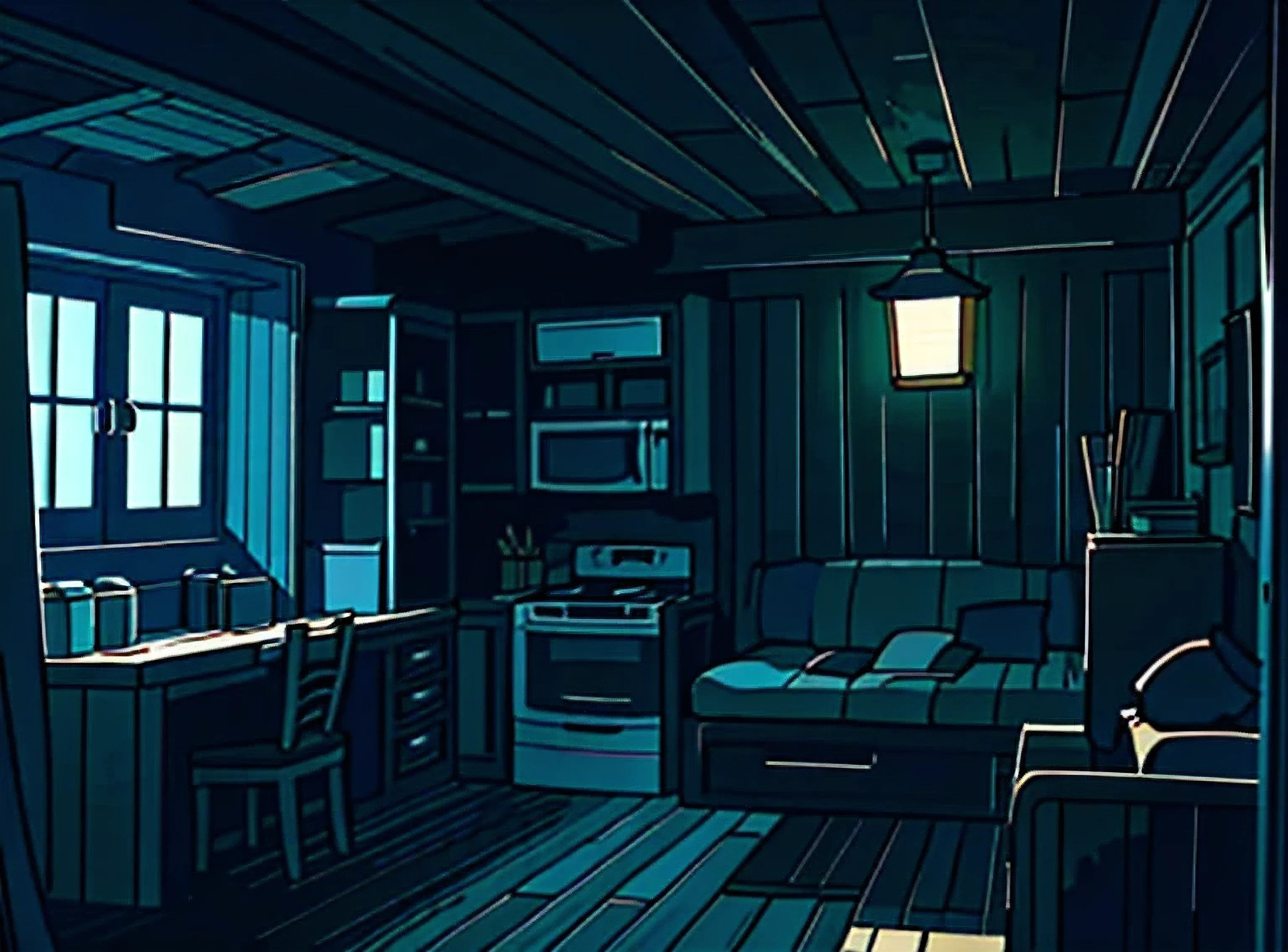 (best quality:0.8), (best quality:0.8), Perfect anime illustration, Interior of a dark and gloomy cabin in the woods, Symmetrical camera framing, night, dark environment，no lights，apartment