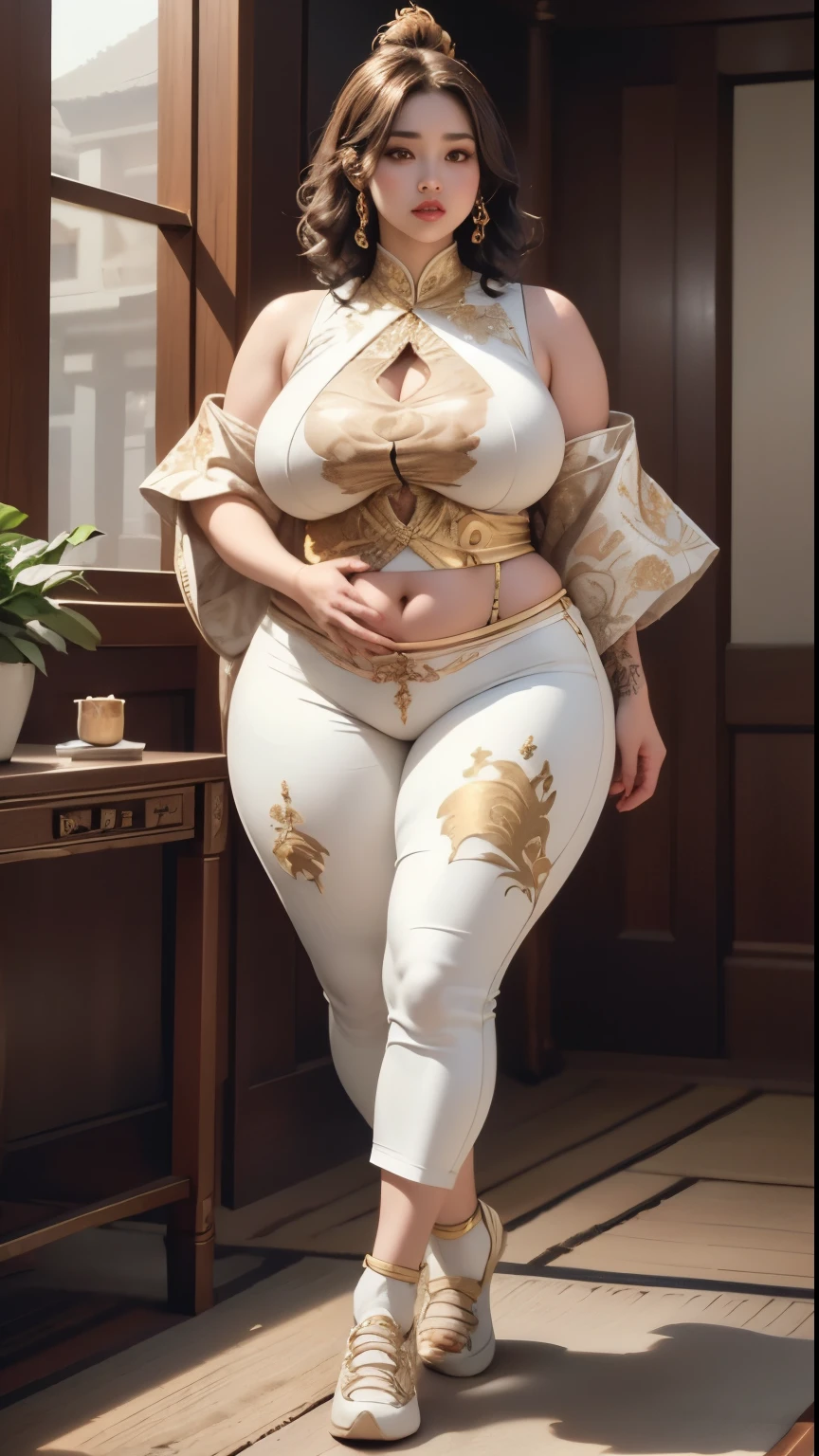 ((best quality)), ((masterpiece)), (detailed), perfect face, araffe woman in a dark Indonesian outfit walking in dark room, thicc, she has a jiggly fat round belly, bbwchan, wearing Indonesian outfit formal, skinny waist and thick hips, widest hips, her belly is slightly fat and round, soft curvy shape, hyperrealistic full figure, wearing a formal Indonesian clothes , wide hips, cropped shoulders，Bare belly,(big assa:0.45),,, thicc, beautiful thick female, beautiful curvy female,, Tall and tall，clear curvy details, curvy hourglass figure, alluring plus sized model, bbwchan, Voluptious body, Curvy model, Curvy body, Be red in the face, 1girll, a matural female, A MILF, the golden ratio,(Kpop idol),(Oil skin:0.72), (Oil skin:1.1), iremuzi tattoos on thighs, big tattoo on thighs, japanese goddess , korean Goddess , milky white skin, wearing longest clothes, wearing sneakers , wavy short hair , brown hair, wearing pants , polite clothes 