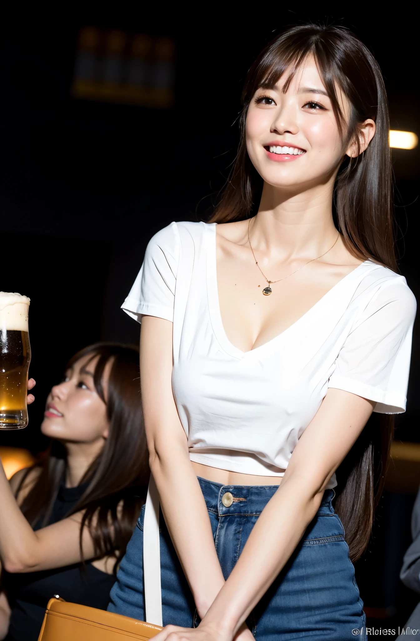 8K、top-quality、masterpiece、超A high resolution、photo-like、beautiful japanese female、Elegance、There is a good、Double eyes、Gentle face、Beauty of the wind、Moist beauty、((long light brown hair))、The eyes are far away、Transparent atmosphere、Beautiful face、Raised corners of the mouth、Tanuki face、((wrist watch))、a necklace、A bracelet、Gradient lighting、1girl in、Delicate skin、(Look at the camera)、Brown-eyed、up chest、the shape of the chest is clear,,,,,、big breasts, no cleavage, Raw photography、(pureerosface_v1:0.5)、(High Neck T-Shirt) Ass big、big butts、bbw、Bangs shed to the side、organize your hairstyle well、((long hair))、eyes to eyes、Moist beauty、Ginza、Pub at night、nighttime scene、Beer Festival、Rooftop beer garden、nighttime scene、Beer Event Venues、SLR、Laugh、Angle looking down from above、look up at viewer、Looking Up、Holding a beer in hand、chatting with friends, revel, talking with friends