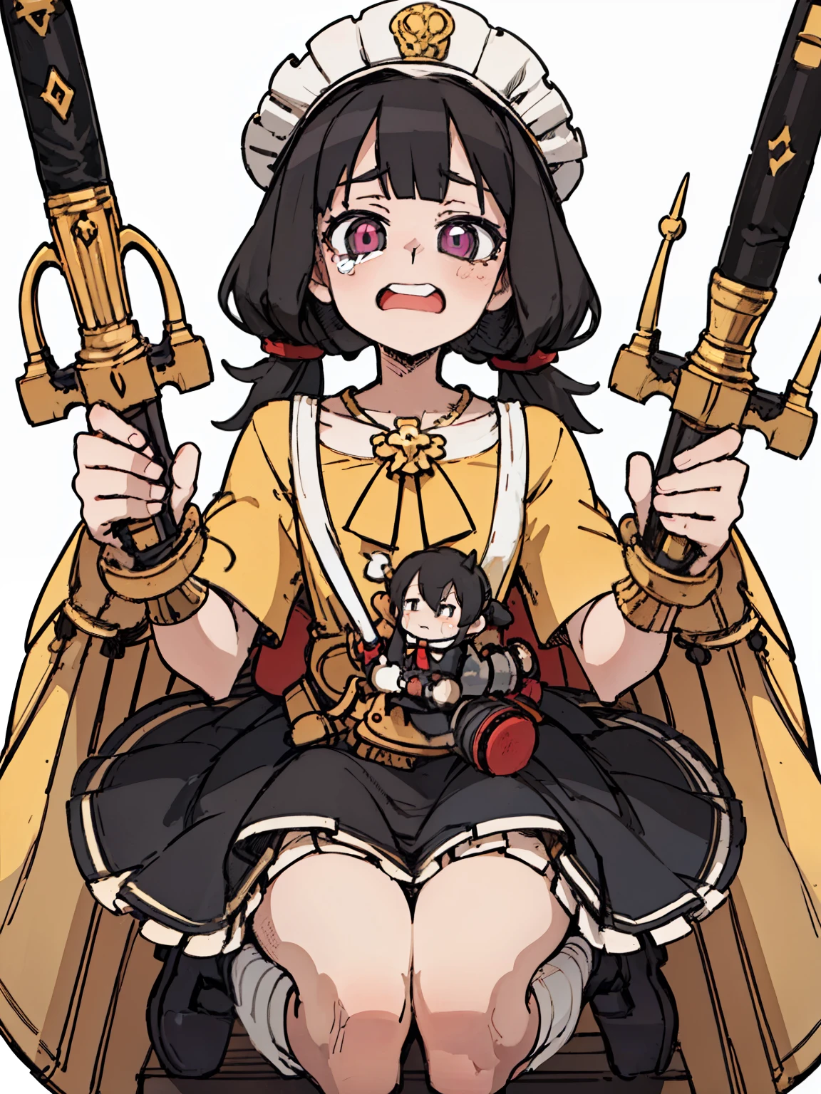 two-dimensional, Masterpiece, top quality, highly detailed eyes, Highly detailed face, ((a 12 year old girl,front,whole body,ta,long skirt,black hair,twintails),childhood,child,holding doll,white socks,cute,cry,Sword and magic style,Different world,middle Ages,White background