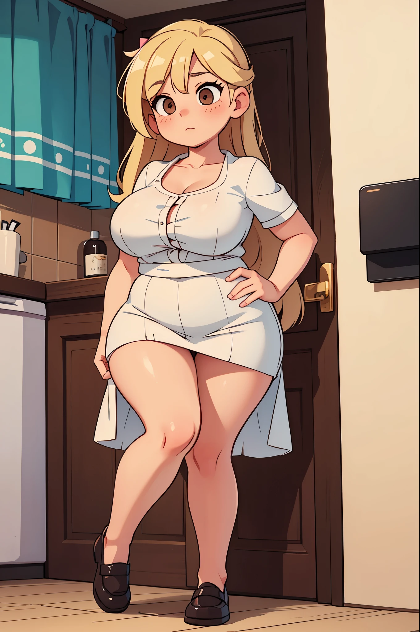 Drawing of a pudgy of late adolescence with rosy cheeks; brown eyes; creamy blonde hair. She is in a white dress with a prominent bow on her waist; she is wearing black dress shoes. She has muscular, toned, realistic feet and legs. Her legs are thick, fat and chubby. She is in a bathroom on a kawaii toilet with her legs crossed and an embarrassed, blushing look on her face. Her hands are on her thighs. Her pink panties are around her ankles.
