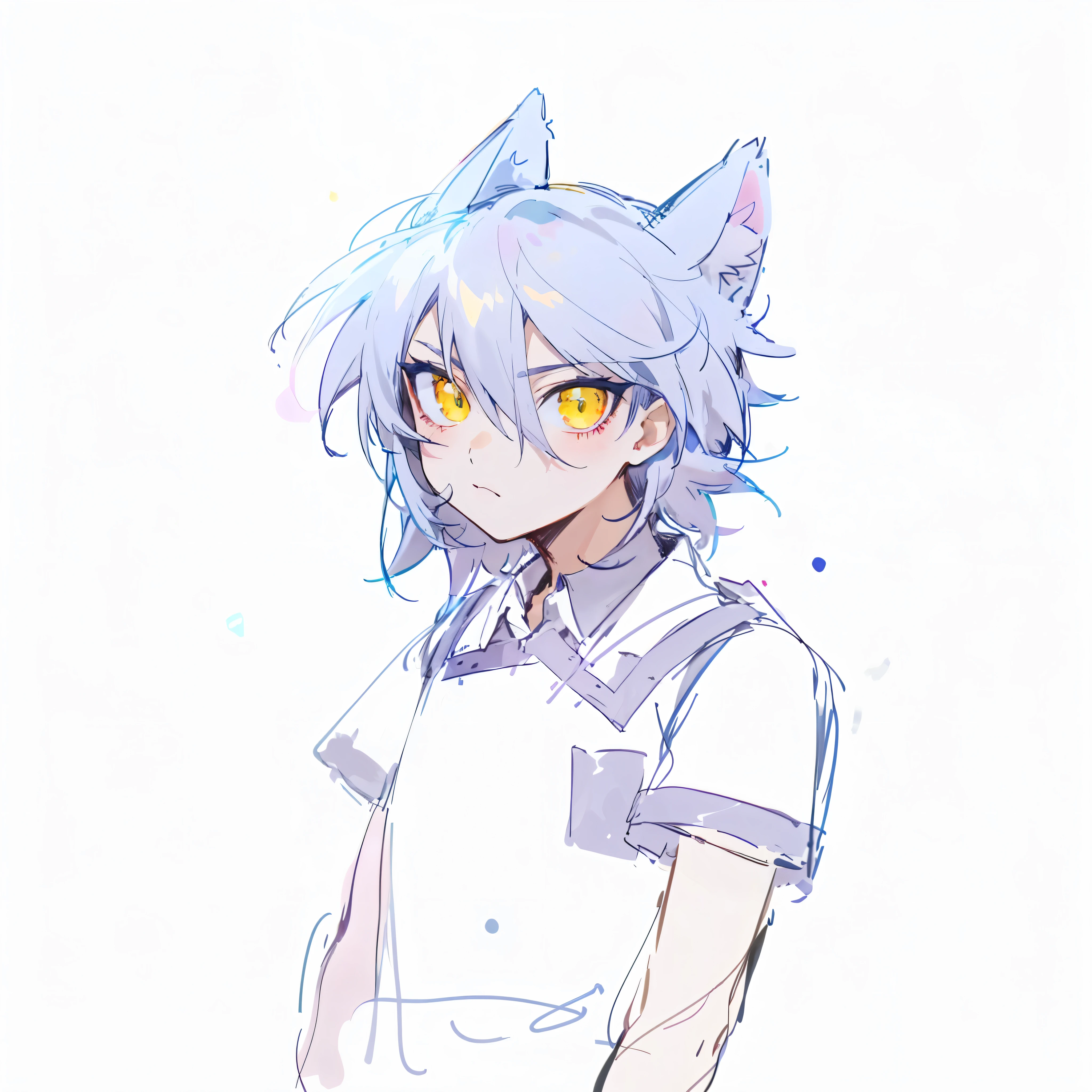 anime character with cat ears and collared shirt, 2 d anime style, sora as a cat, neferpitou, he has yellow wolf eyes, flat anime style shading, high quality colored sketch, gapmoe yandere, anime catgirl, inspired by Okumura Togyu, koda kazuma, in an anime style, colored sketch, sketchy artstyle