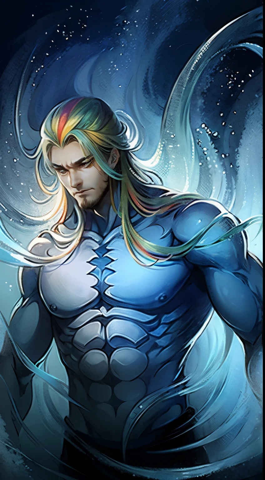 Masterpiece in the realm of fantasy art, portrays a mature man with a muscular build, standing amidst a dark theme. His mature, adult face is etched with lines of wisdom, as his piercing eyes focus intently on casting a magic array above his head. Bubbles of various sizes ascend, illuminated by the radiant rainbow sunlight filtering through the underwater scene.
Floating glass sheets reflect the magical rainbow light, creating an ethereal aura. Surrounding the man, a wind vortex spins, swirling the bubble swirls and casting a gentle glow upon his upper body. Naked from the waist up, the man's skin