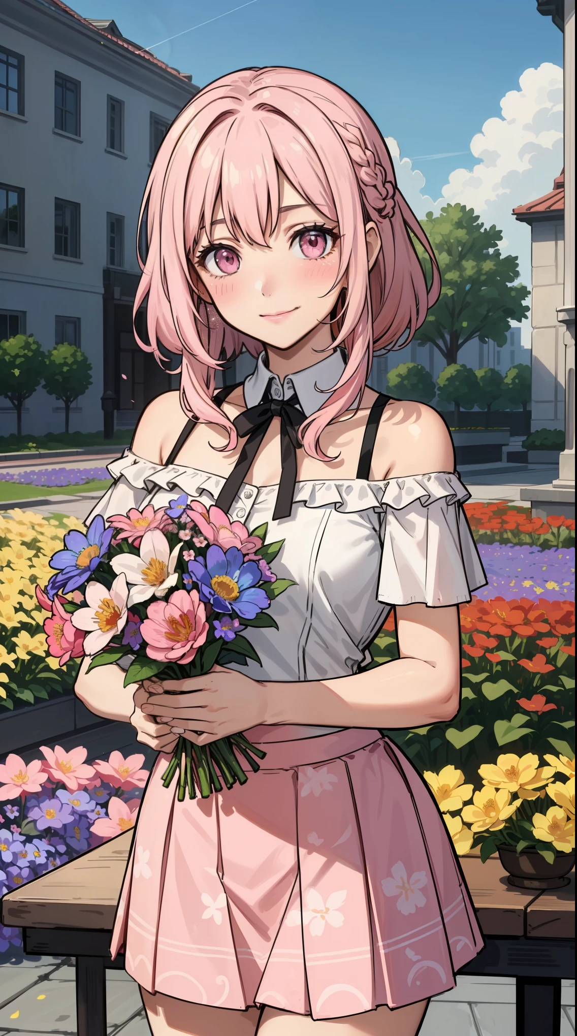 1 girl:1.2, cute, （smile:1.4,blush:0.6）,break（medium breasts:1.3), (outdoors), looking at the viewer, （gradient hair,pink hair,Dutch braid）, （pink eyes),break（(flower garden, colorfulな花,No building)）,（dazzling sunlight,blue sky,White cloud）, break（(white off shoulder shirt),（just the collar of a white shirt）,（Thin ribbon tie)）, break（(flower pattern skirt）,（Light pink micro mini skirt:1.5)）,break（standing pose）,cowboy shot, americanism, fluid, particles of light, Light of the sun, Fine skin texture,  scattered below the surface,break (8k wallpaper,table top, highest qualityの, highest quality, beautiful and aesthetic:1.2), very detailed, (colorful), best details,break（holding a large bouquet of flowers）:1.5 